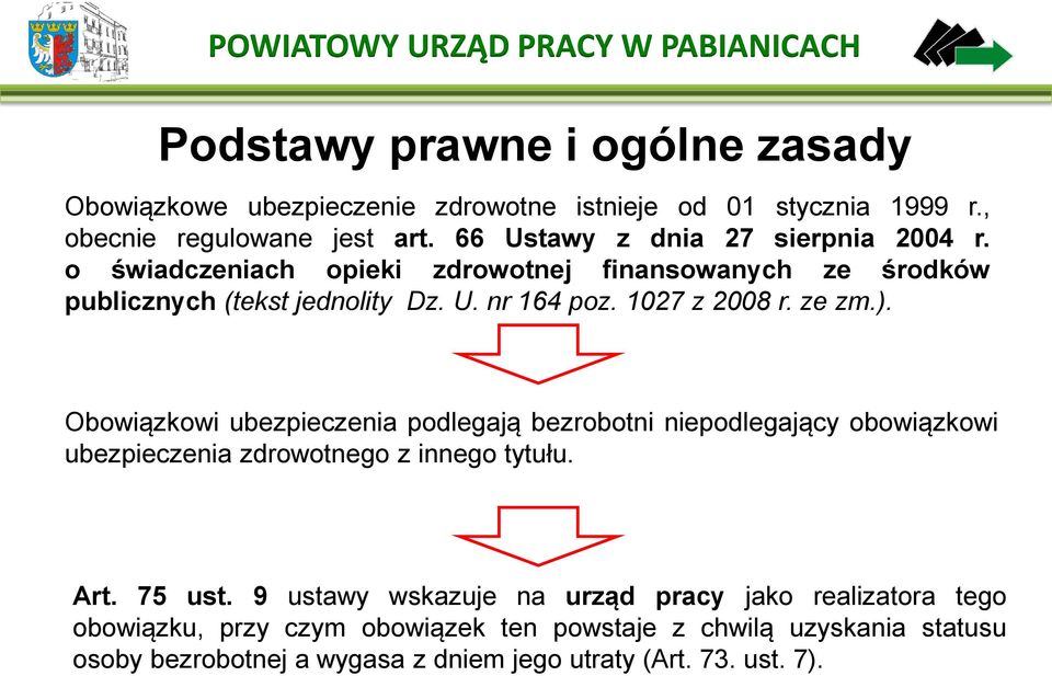 1027 z 2008 r. ze zm.). Obowiązkowi ubezpieczenia podlegają bezrobotni niepodlegający obowiązkowi ubezpieczenia zdrowotnego z innego tytułu. Art. 75 ust.