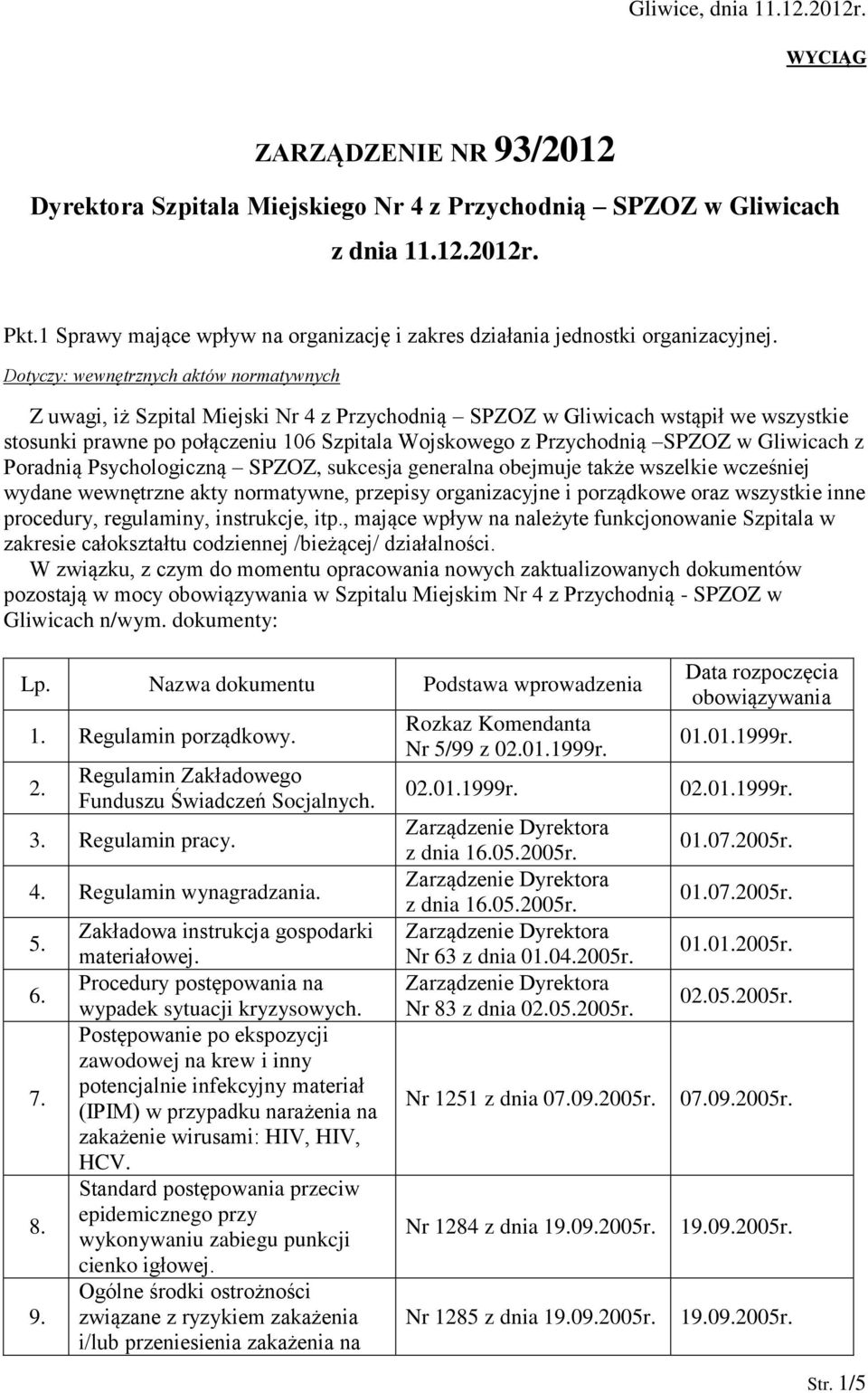 Dotyczy: wewnętrznych aktów normatywnych Z uwagi, iż Szpital Miejski Nr 4 z Przychodnią SPZOZ w Gliwicach wstąpił we wszystkie stosunki prawne po połączeniu 106 Szpitala Wojskowego z Przychodnią