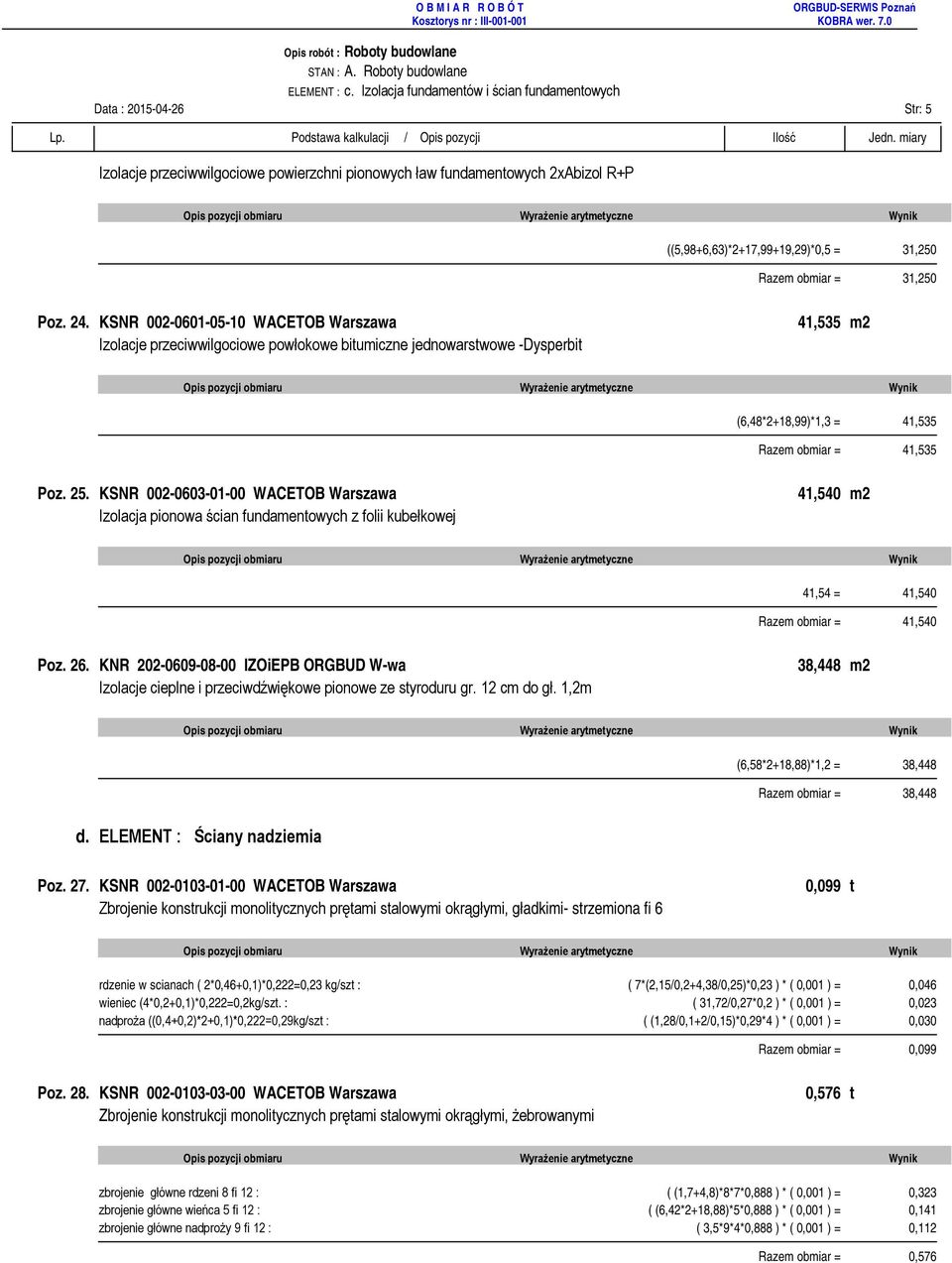 obmiar = 31,250 Poz. 24. KSNR 002-0601-05-10 WACETOB Warszawa Izolacje przeciwwilgociowe powłokowe bitumiczne jednowarstwowe -Dysperbit 41,535 m2 (6,48*2+18,99)*1,3 = 41,535 Razem obmiar = 41,535 Poz.