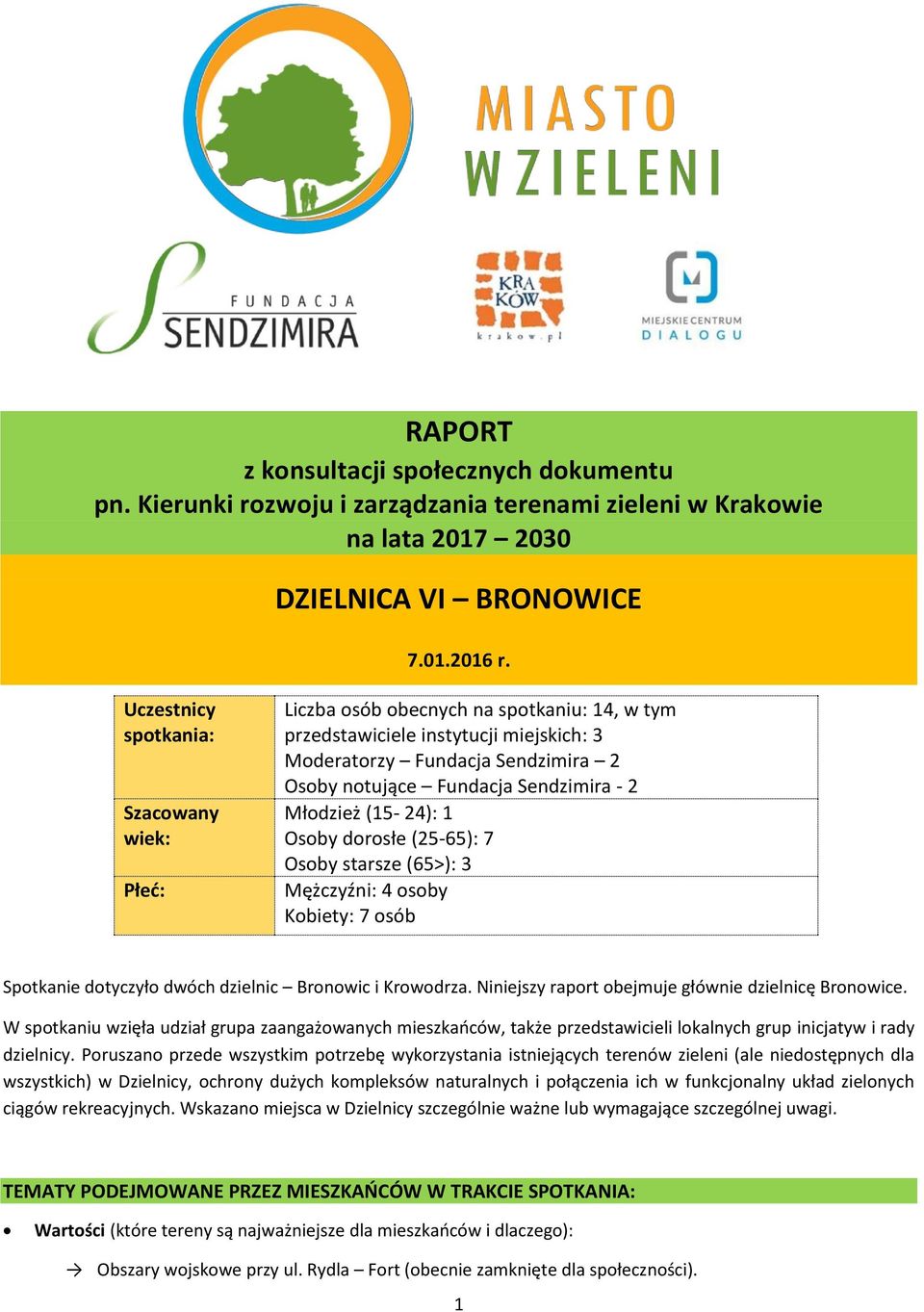 2 Młodzież (15-24): 1 Osoby dorosłe (25-65): 7 Osoby starsze (65>): 3 Mężczyźni: 4 osoby Kobiety: 7 osób Spotkanie dotyczyło dwóch dzielnic Bronowic i Krowodrza.