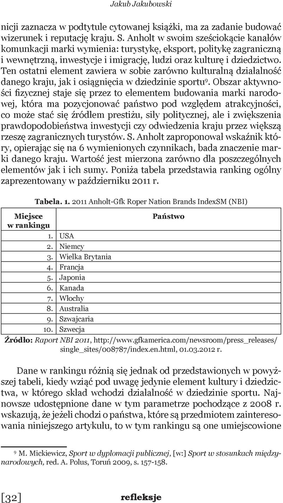 Ten ostatni element zawiera w sobie zarówno kulturalną działalność danego kraju, jak i osiągnięcia w dziedzinie sportu 9.