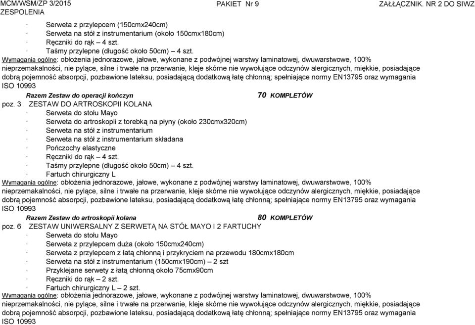 odczynów alergicznych, miękkie, posiadające dobrą pojemność absorpcji, pozbawione lateksu, posiadającą dodatkową łatę chłonną; spełniające normy EN13795 oraz wymagania ISO 10993 Razem Zestaw do