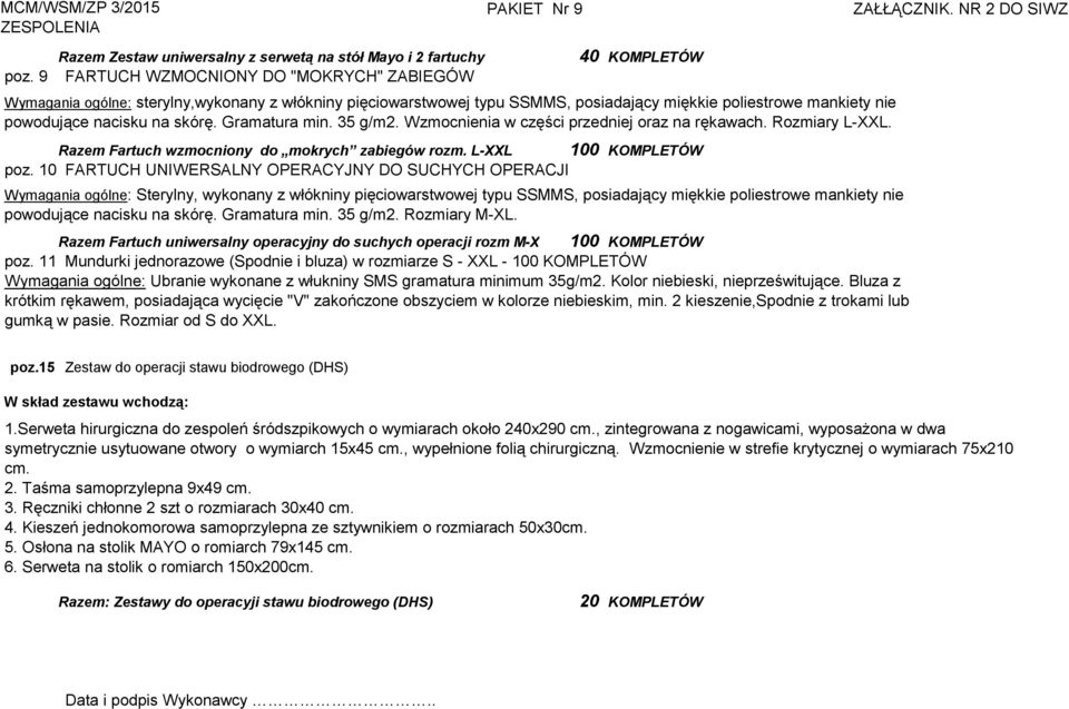 posiadający miękkie poliestrowe mankiety nie powodujące nacisku na skórę. Gramatura min. 35 g/m2. Wzmocnienia w części przedniej oraz na rękawach. Rozmiary L-XXL.