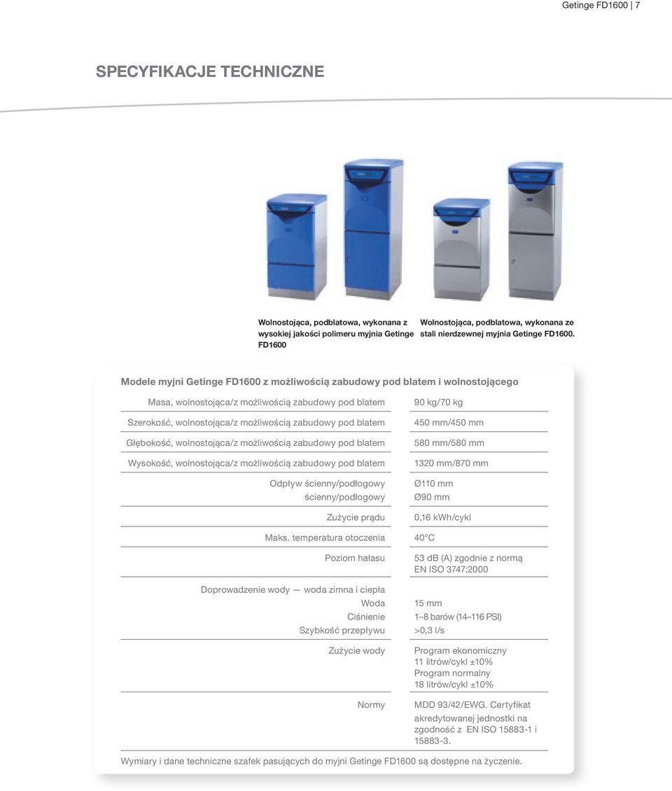 Modele myjni Getinge FD1600 z możliwością zabudowy pod blatem i wolnostojącego Masa, wolnostojąca/z możliwością zabudowy pod blatem Szerokość, wolnostojąca/z możliwością zabudowy pod blatem