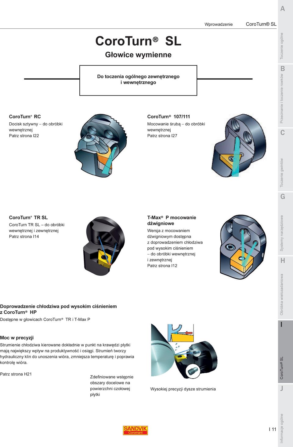 chłodziwa pod wysokim ciśnieniem do obróbki wewnętrznej i zewnętrznej Patrz strona 12 Doprowadzenie chłodziwa pod wysokim ciśnieniem z P Dostępne w głowicach TR i T-Max P Moc w precyzji Strumienie