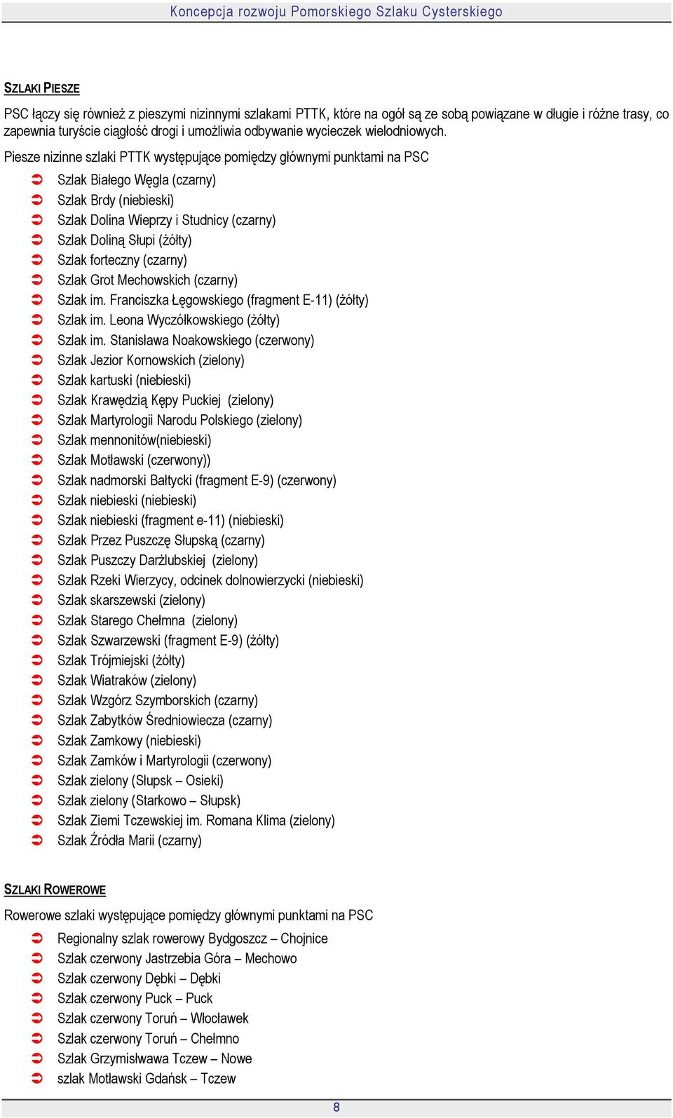 Piesze nizinne szlaki PTTK występujące pomiędzy głównymi punktami na PSC Szlak Białego Węgla (czarny) Szlak Brdy (niebieski) Szlak Dolina Wieprzy i Studnicy (czarny) Szlak Doliną Słupi (Ŝółty) Szlak