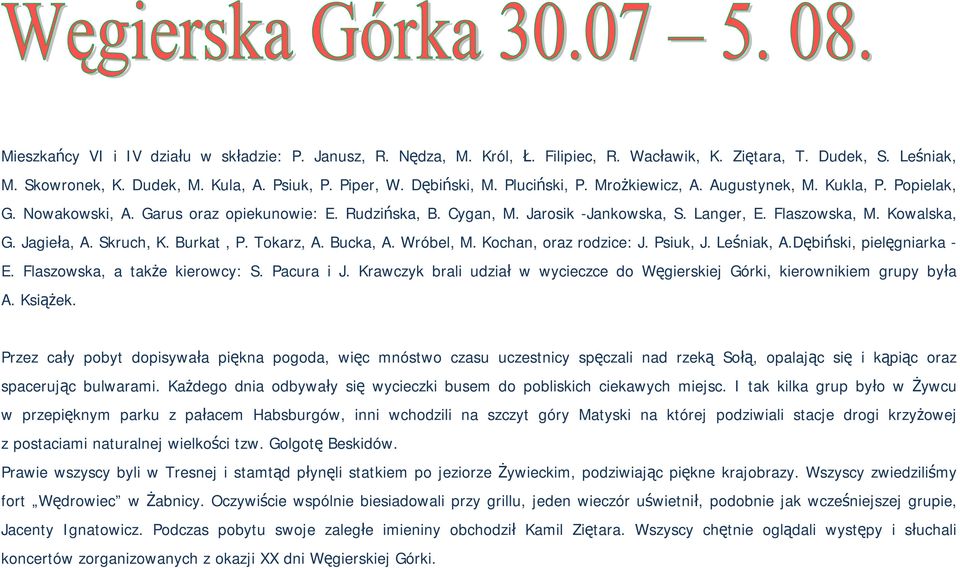 Jagieła, A. Skruch, K. Burkat, P. Tokarz, A. Bucka, A. Wróbel, M. Kochan, oraz rodzice: J. Psiuk, J. Leśniak, A.Dębiński, pielęgniarka - E. Flaszowska, a także kierowcy: S. Pacura i J.