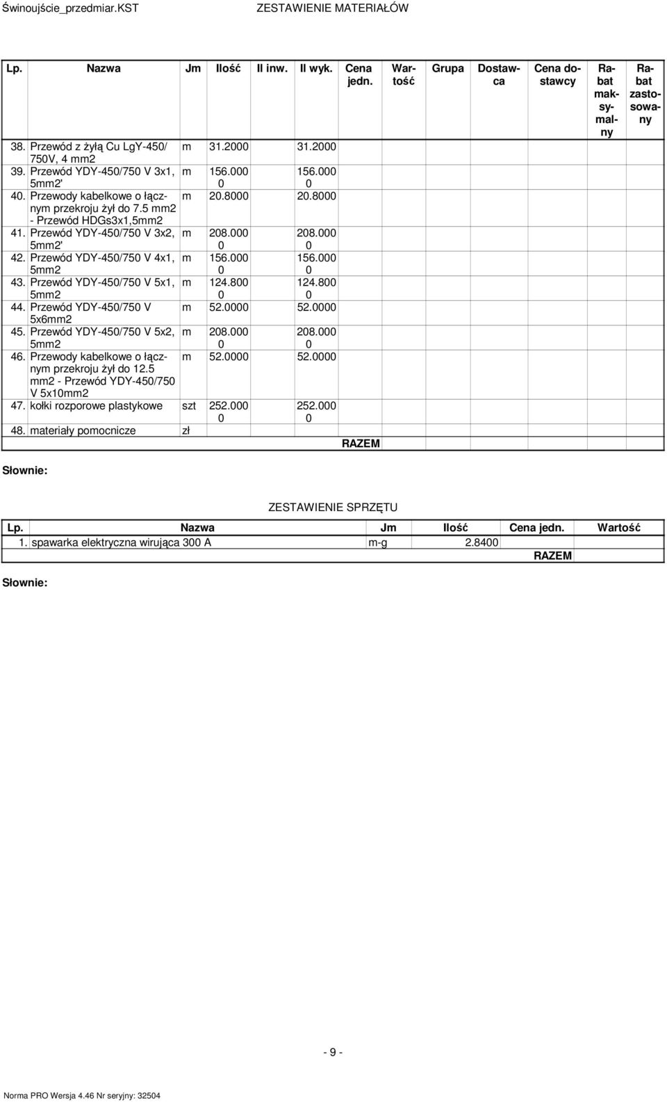 Przewód YDY-45/75 V 52. 52. 5x62 45. Przewód YDY-45/75 V 5x2, 52 28. 28. 46. Przewody kabelkowe o łączny 52. 52. przekroju żył do 12.5 2 - Przewód YDY-45/75 V 5x12 47.