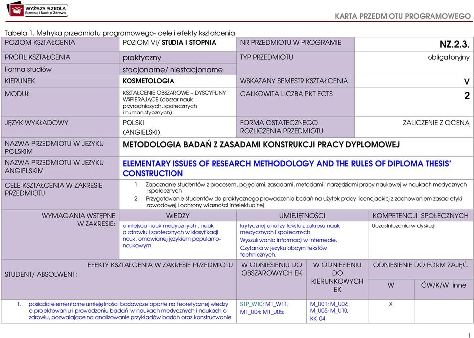 JĘZYKU POLSKIM NAZWA PRZEDMIOTU W JĘZYKU ANGIELSKIM CELE KSZTAŁCENIA W ZAKRESIE PRZEDMIOTU STUDENT/ ABSOLWENT: WYMAGANIA WSTĘPNE W ZAKRESIE: KSZTAŁCENIE OBSZAROWE DYSCYPLINY WSPIERAJĄCE (obszar nauk