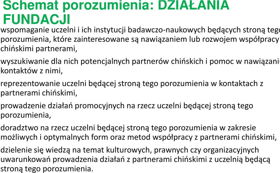 chińskimi, prowadzenie działań promocyjnych na rzecz uczelni będącej stroną tego porozumienia, doradztwo na rzecz uczelni będącej stroną tego porozumienia w zakresie możliwych i optymalnych form oraz