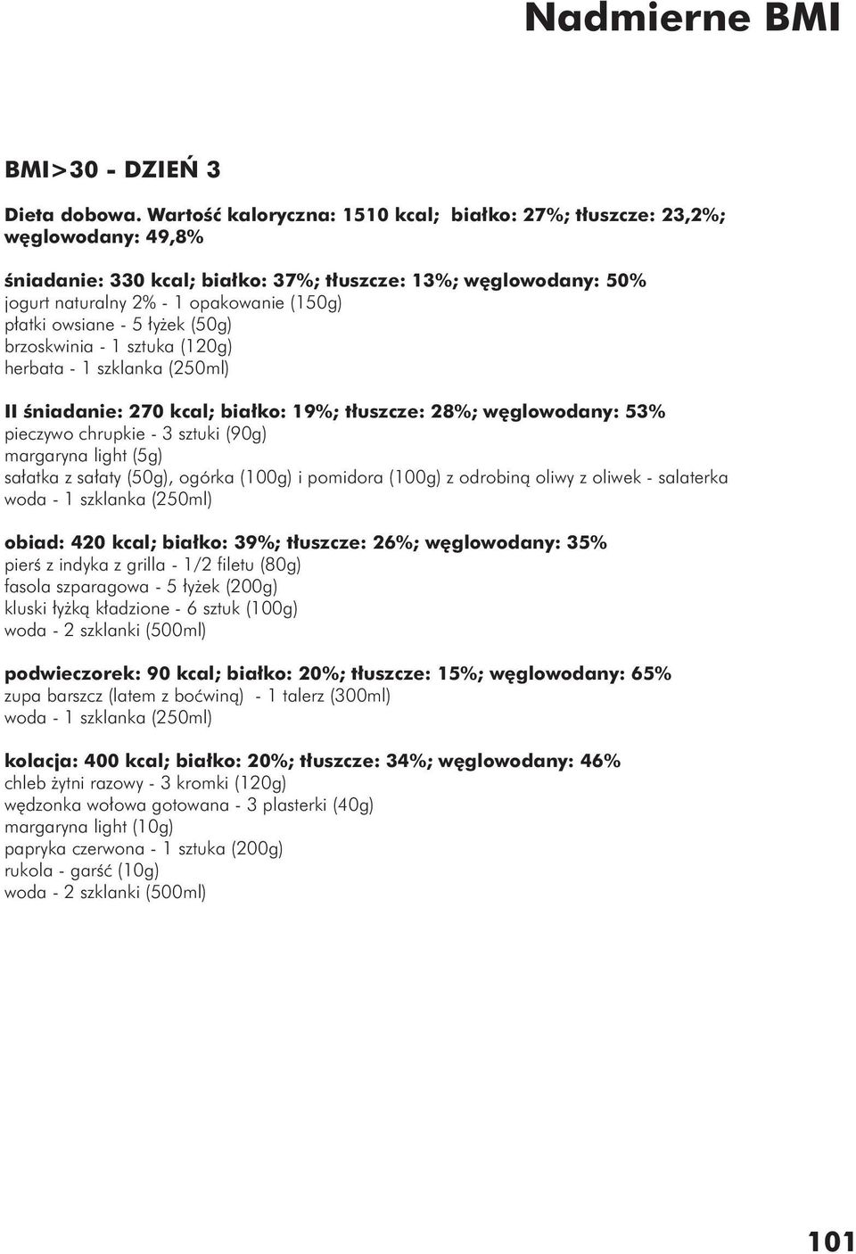 owsiane - 5 łyżek (50g) brzoskwinia - 1 sztuka (120g) herbata - 1 szklanka (250ml) II śniadanie: 270 kcal; białko: 19%; tłuszcze: 28%; węglowodany: 53% pieczywo chrupkie - 3 sztuki (90g) margaryna