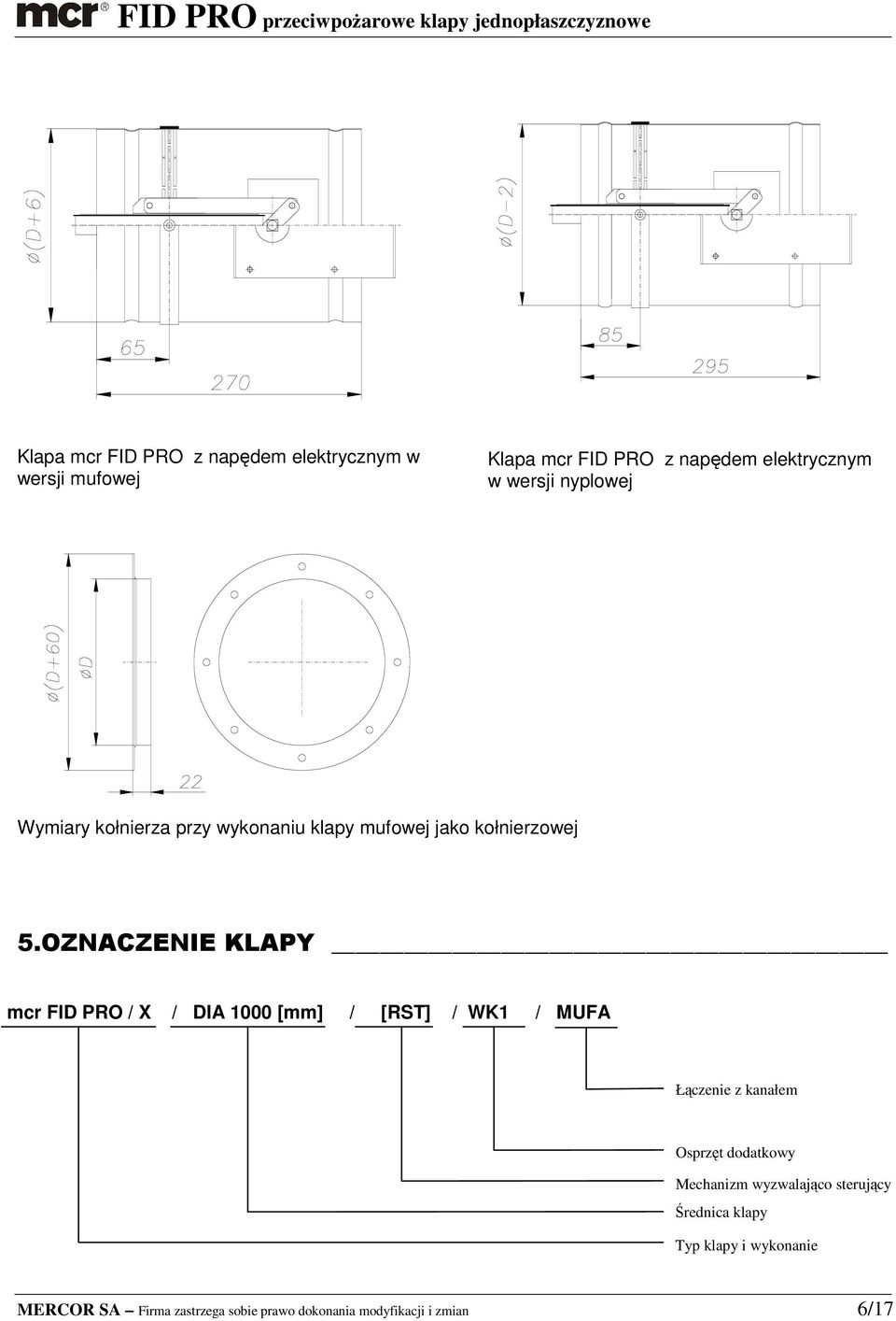 OZNACZENIE KLAPY mcr FID PRO / X / DIA 1000 [mm] / [RST] / WK1 / MUFA Łączenie z kanałem Osprzęt dodatkowy