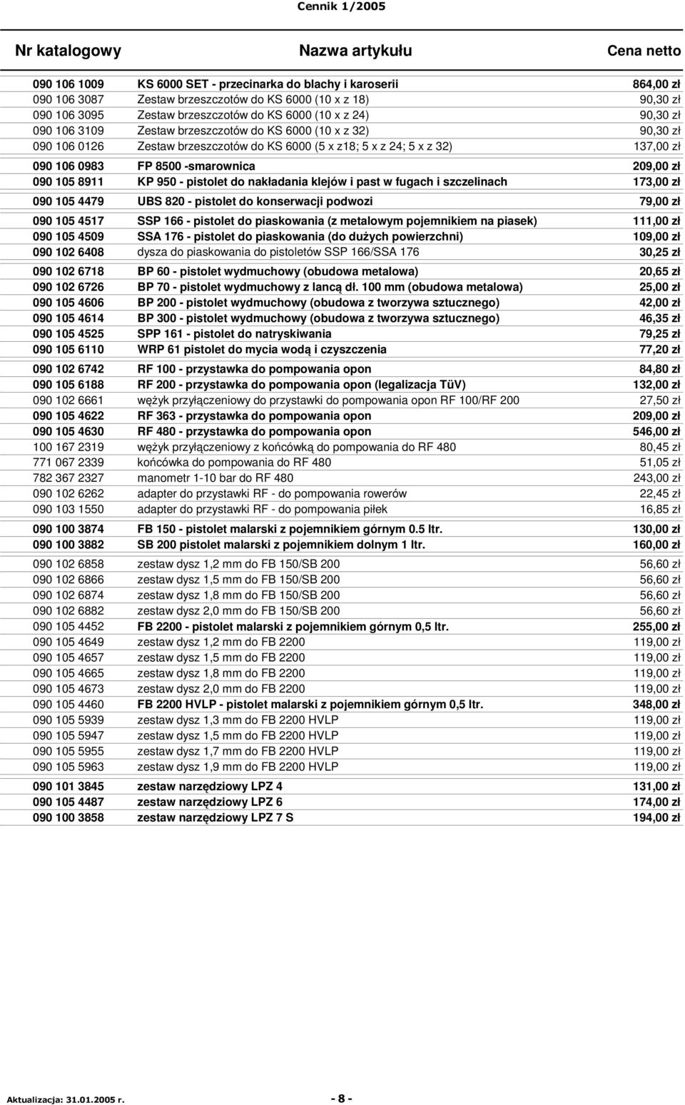 106 0983 FP 8500 -smarownica 209,00 zł 090 105 8911 KP 950 - pistolet do nakładania klejów i past w fugach i szczelinach 173,00 zł 090 105 4479 UBS 820 - pistolet do konserwacji podwozi 79,00 zł 090