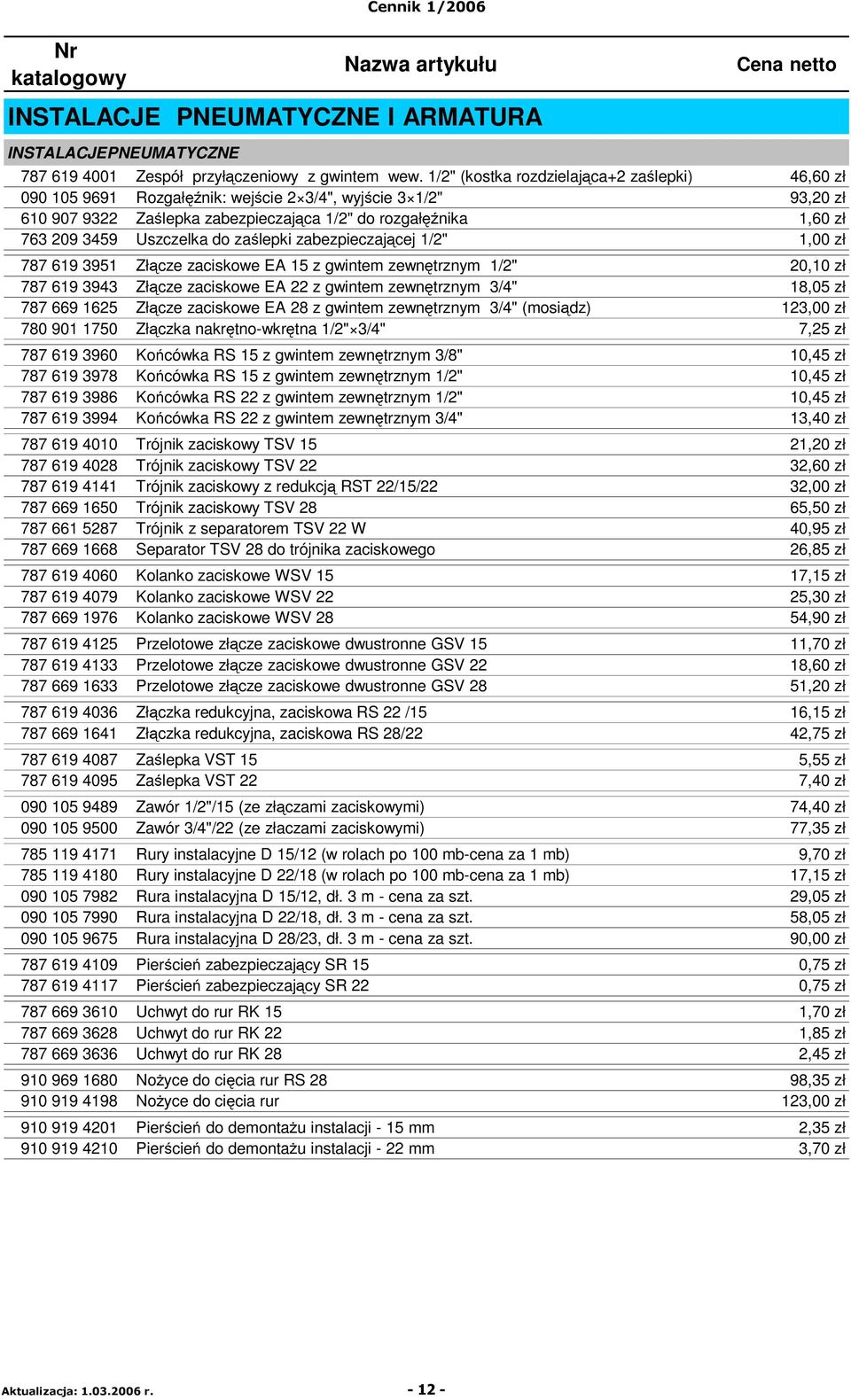 Uszczelka do zaślepki zabezpieczającej 1/2" 1,00 zł 787 619 3951 Złącze zaciskowe EA 15 z gwintem zewnętrznym 1/2" 20,10 zł 787 619 3943 Złącze zaciskowe EA 22 z gwintem zewnętrznym 3/4" 18,05 zł 787