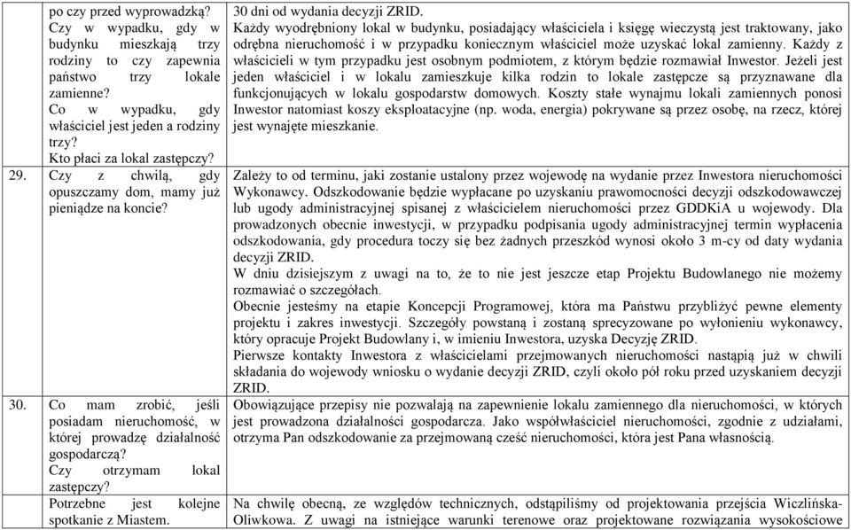 Czy otrzymam lokal zastępczy? Potrzebne jest kolejne spotkanie z Miastem. 30 dni od wydania decyzji ZRID.