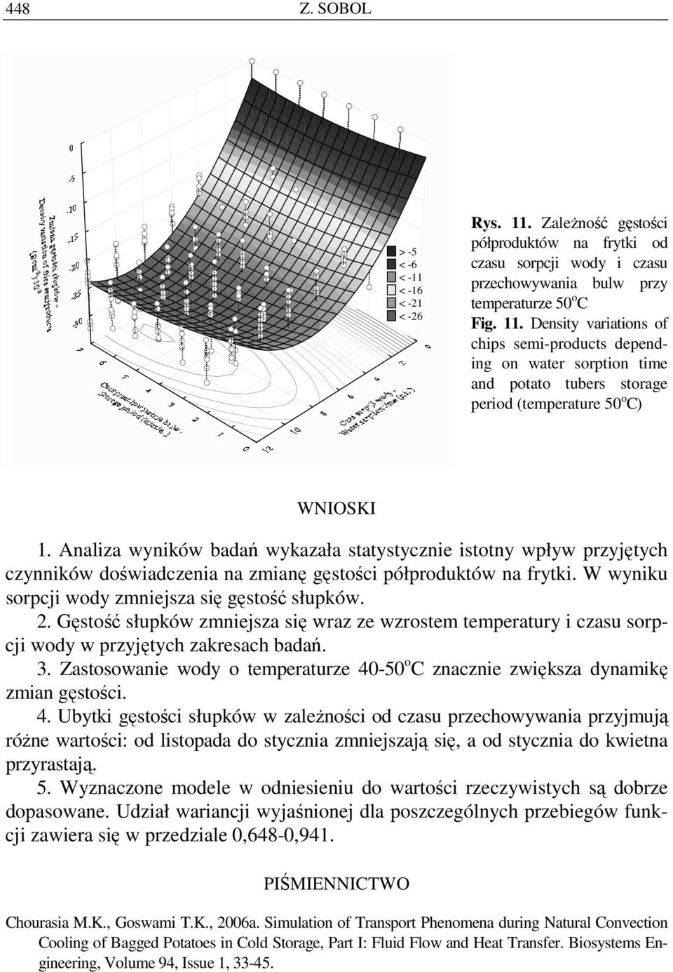 Gęstość słupków zmniejsza się wraz ze wzrostem temperatury i czasu sorpcji wody w przyjętych zakresach badań. 3. Zastosowanie wody o temperaturze 40-50 o C znacznie zwiększa dynamikę zmian gęstości.