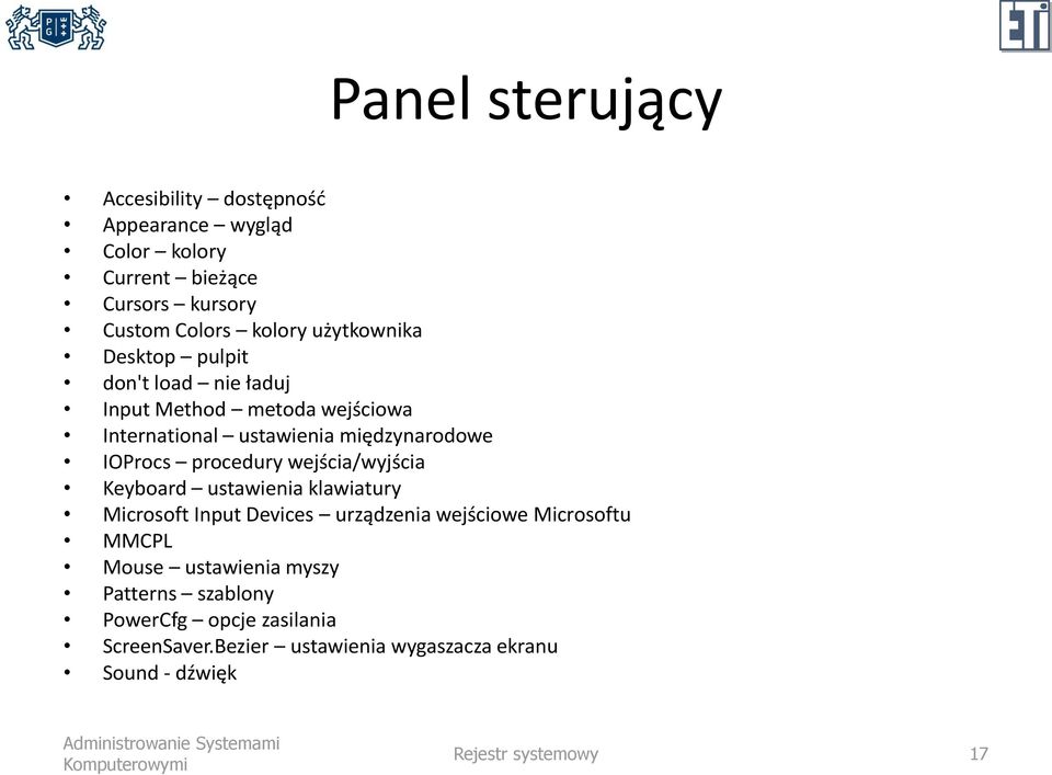 procedury wejścia/wyjścia Keyboard ustawienia klawiatury Microsoft Input Devices urządzenia wejściowe Microsoftu MMCPL Mouse