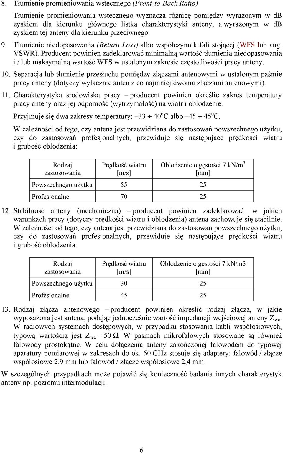 Producent powinien zadeklarować minimalną wartość tłumienia niedopasowania i / lub maksymalną wartość WFS w ustalonym zakresie częstotliwości pracy anteny. 10.