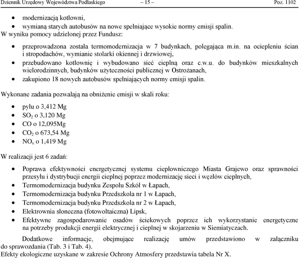 na ociepleniu ścian i stropodachów, wymianie stolarki okiennej i drzwiowej, przebudowano kotłownię i wybudowano sieć cieplną oraz c.w.u. do budynków mieszkalnych wielorodzinnych, budynków użyteczności publicznej w Ostrożanach, zakupiono 18 nowych autobusów spełniających normy emisji spalin.