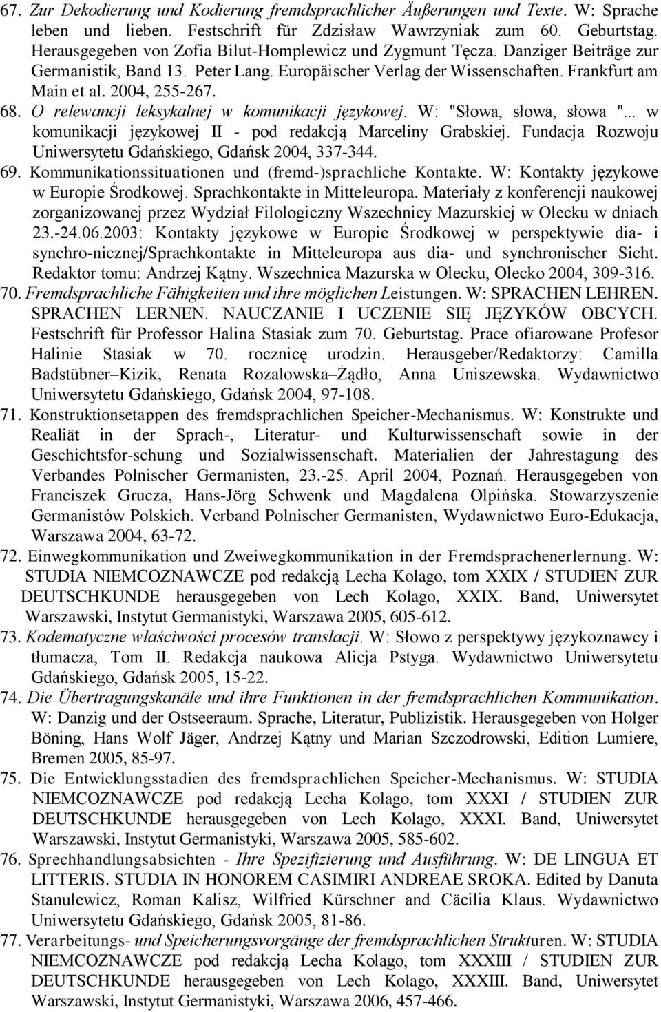 O relewancji leksykalnej w komunikacji językowej. W: "Słowa, słowa, słowa "... w komunikacji językowej II - pod redakcją Marceliny Grabskiej.