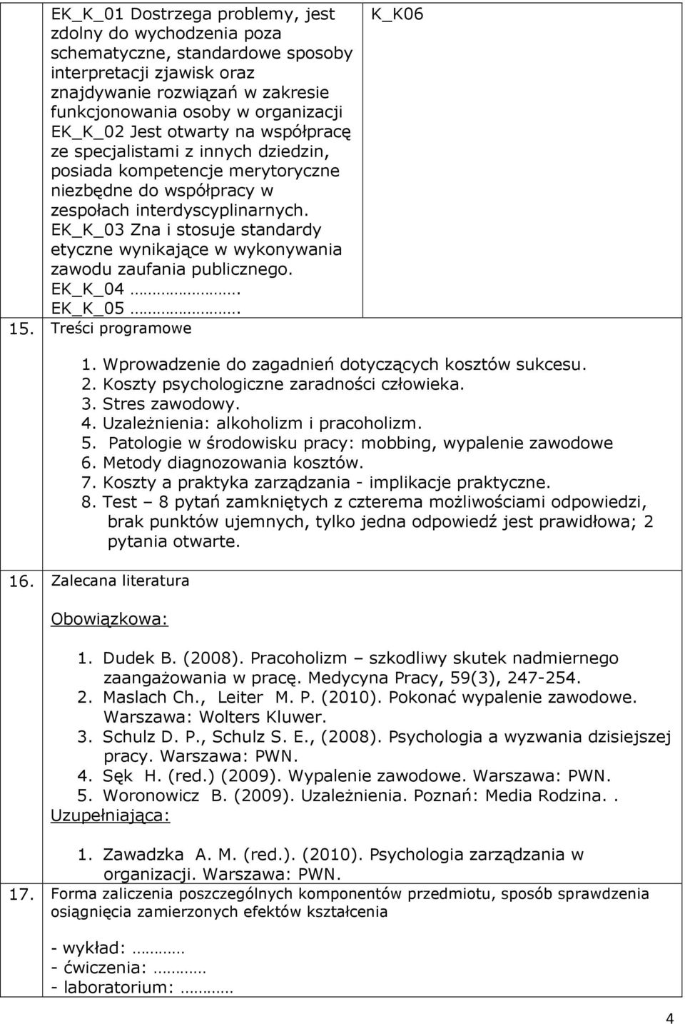 EK_K_03 Zna i stosuje standardy etyczne wynikające w wykonywania zawodu zaufania publicznego. EK_K_04. EK_K_05. 15. Treści programowe K_K06 1. Wprowadzenie do zagadnień dotyczących kosztów sukcesu. 2.