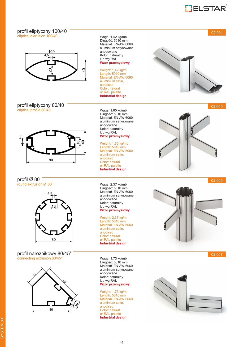 005 Weight: 1,65 kg/mb profil Ø 80 round extrusion Ø 80 Waga: 2,37 kg/mb 02.