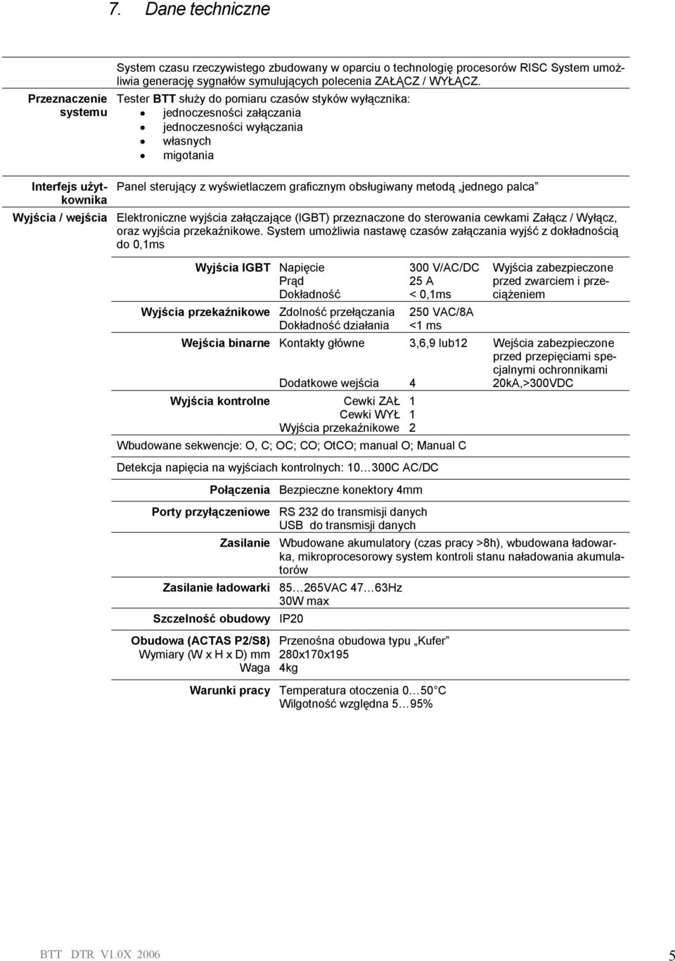 Tester BTT służy do pomiaru czasów styków wyłącznika: jednoczesności załączania jednoczesności wyłączania własnych migotania Panel sterujący z wyświetlaczem graficznym obsługiwany metodą jednego