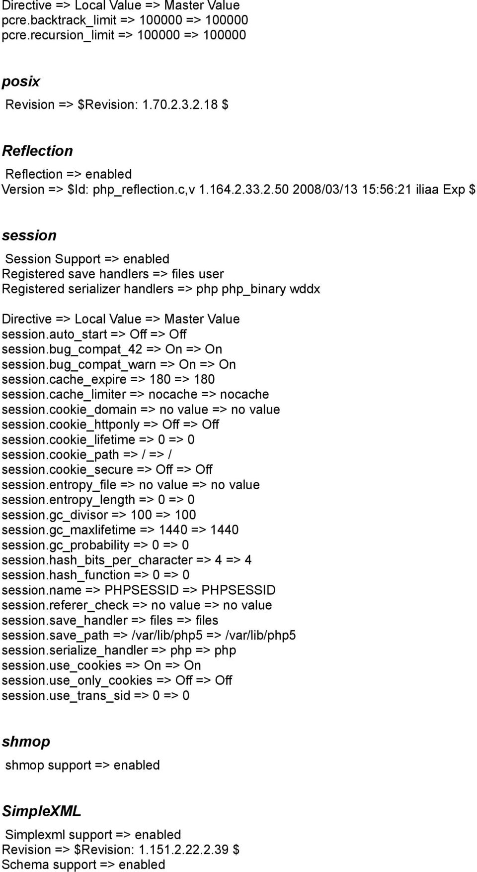 auto_start => Off => Off session.bug_compat_42 => On => On session.bug_compat_warn => On => On session.cache_expire => 180 => 180 session.cache_limiter => nocache => nocache session.