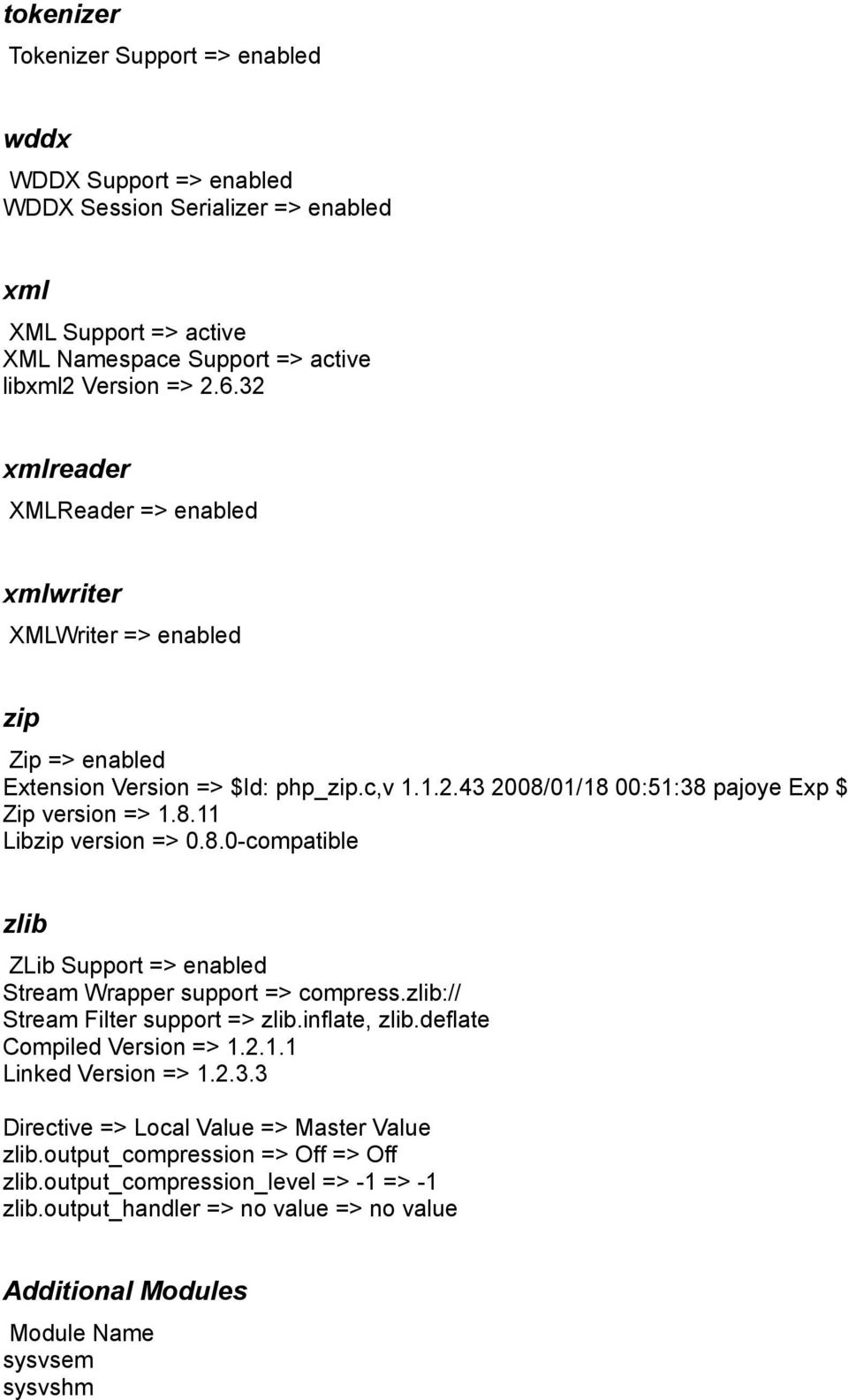 8.0-compatible zlib ZLib Support => enabled Stream Wrapper support => compress.zlib:// Stream Filter support => zlib.inflate, zlib.deflate Compiled Version => 1.2.1.1 Linked Version => 1.2.3.