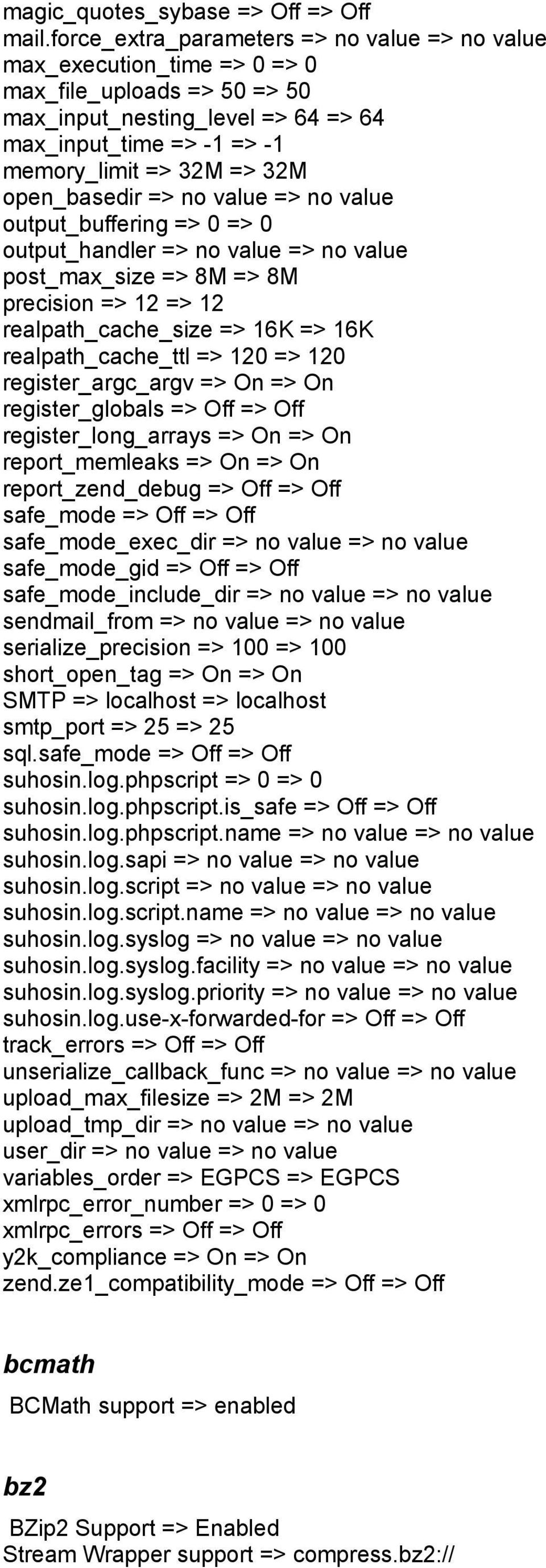 open_basedir => no value => no value output_buffering => 0 => 0 output_handler => no value => no value post_max_size => 8M => 8M precision => 12 => 12 realpath_cache_size => 16K => 16K