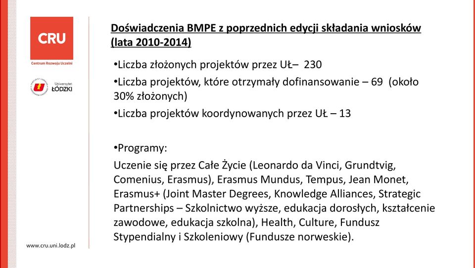 Vinci, Grundtvig, Comenius, Erasmus), Erasmus Mundus, Tempus, Jean Monet, Erasmus+ (Joint Master Degrees, Knowledge Alliances, Strategic