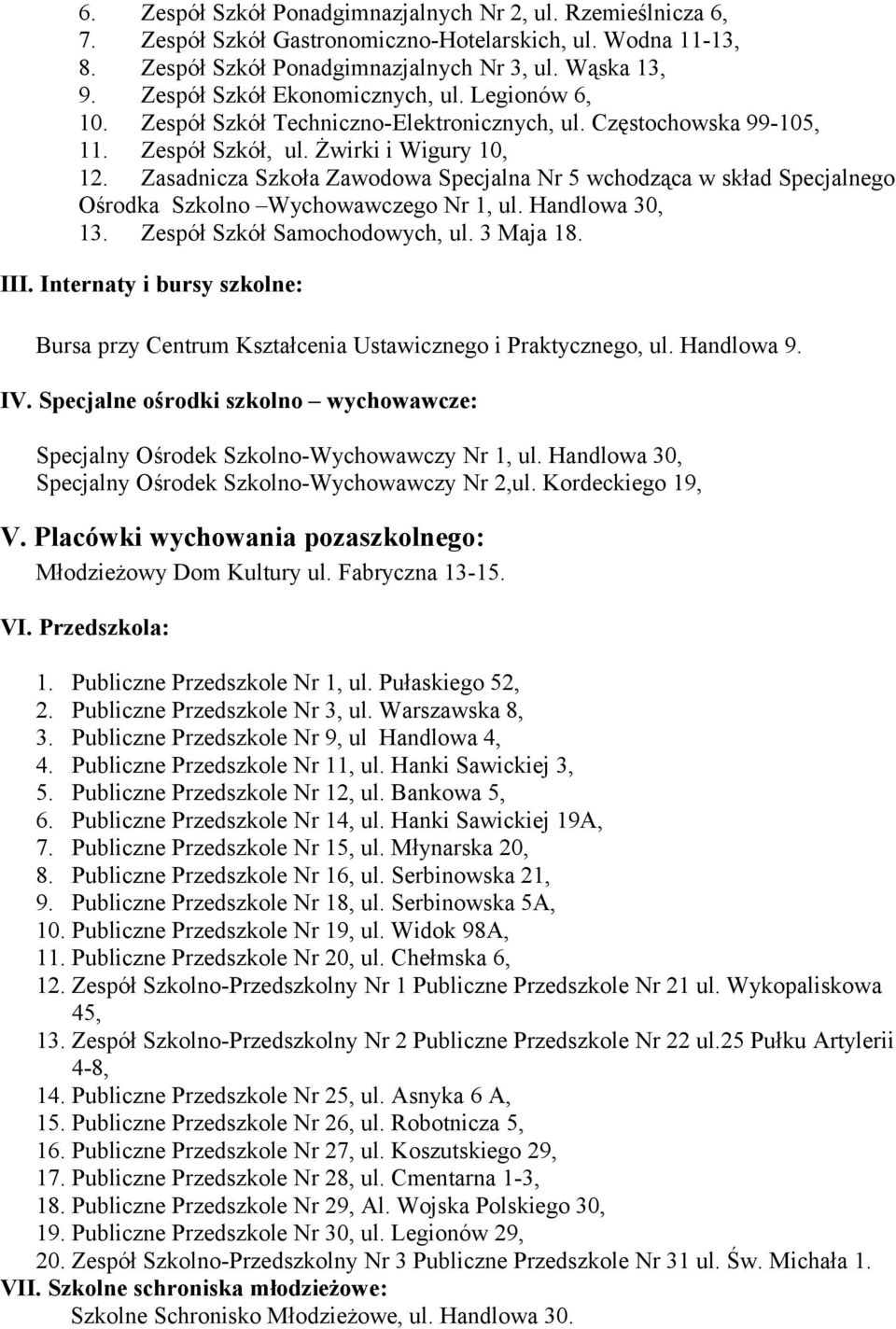 Zasadnicza Szkoła Zawodowa Specjalna Nr 5 wchodząca w skład Specjalnego Ośrodka Szkolno Wychowawczego Nr 1, ul. Handlowa 30, 13. Zespół Szkół Samochodowych, ul. 3 Maja 18. III.