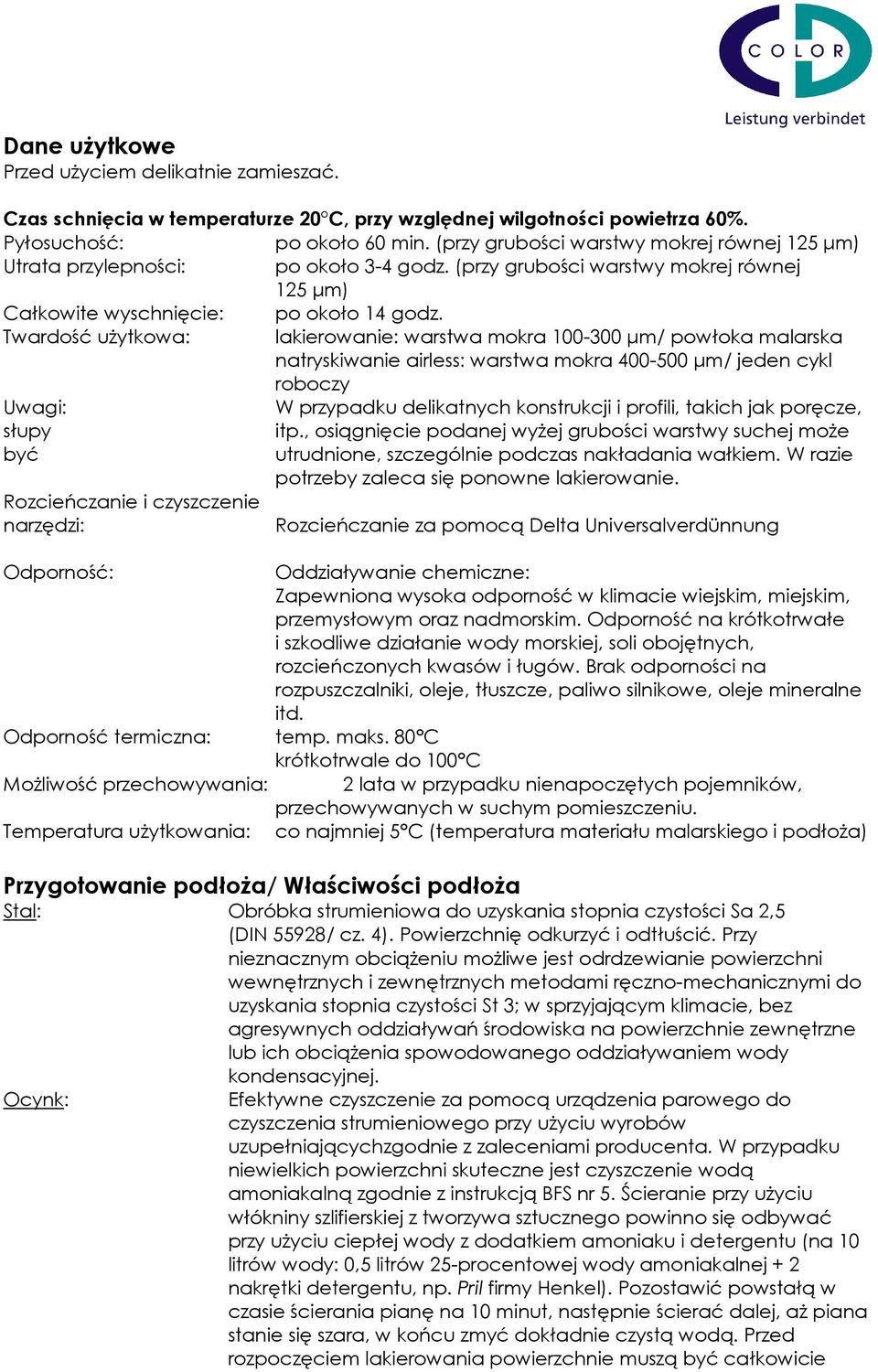 Twardość użytkowa: lakierowanie: warstwa mokra 100-300 µm/ powłoka malarska natryskiwanie airless: warstwa mokra 400-500 µm/ jeden cykl roboczy Uwagi: W przypadku delikatnych konstrukcji i profili,