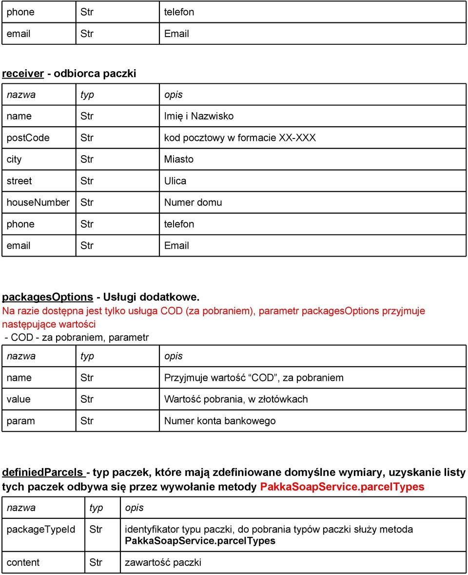 Na razie dostępna jest tylko usługa COD za pobraniem parametr packagesoptions przyjmuje następujące wartości - COD - za pobraniem, parametr name Str Przyjmuje wartość COD, za pobraniem value Str