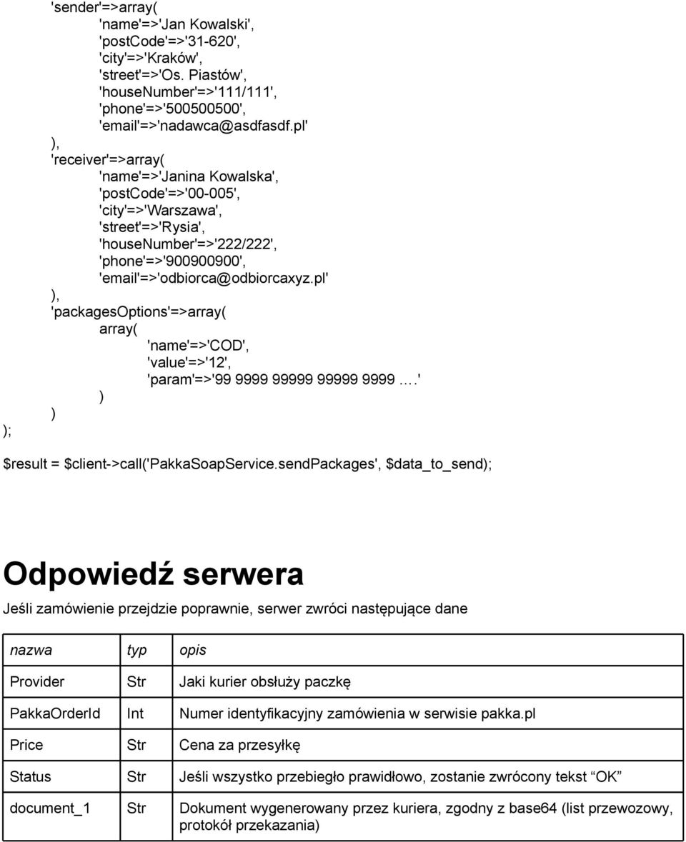 pl' 'packagesoptions'=> 'name'=>'cod', 'value'=>'12', 'param'=>'99 9999 99999 99999 9999.' $result = $client->call'pakkasoapservice.