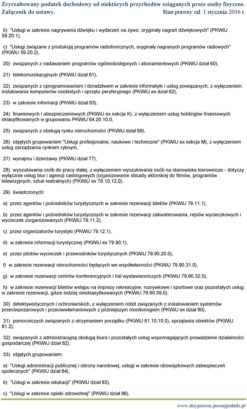 2), 20) związanych z nadawaniem programów ogólnodostępnych i abonamentowych (PKWiU dział 60), 21) telekomunikacyjnych (PKWiU dział 61), 22) związanych z oprogramowaniem i doradztwem w zakresie