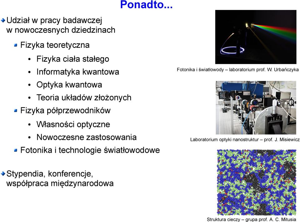 Optyka kwantowa Teoria układów złożonych Fotonika i światłowody laboratorium prof. W.