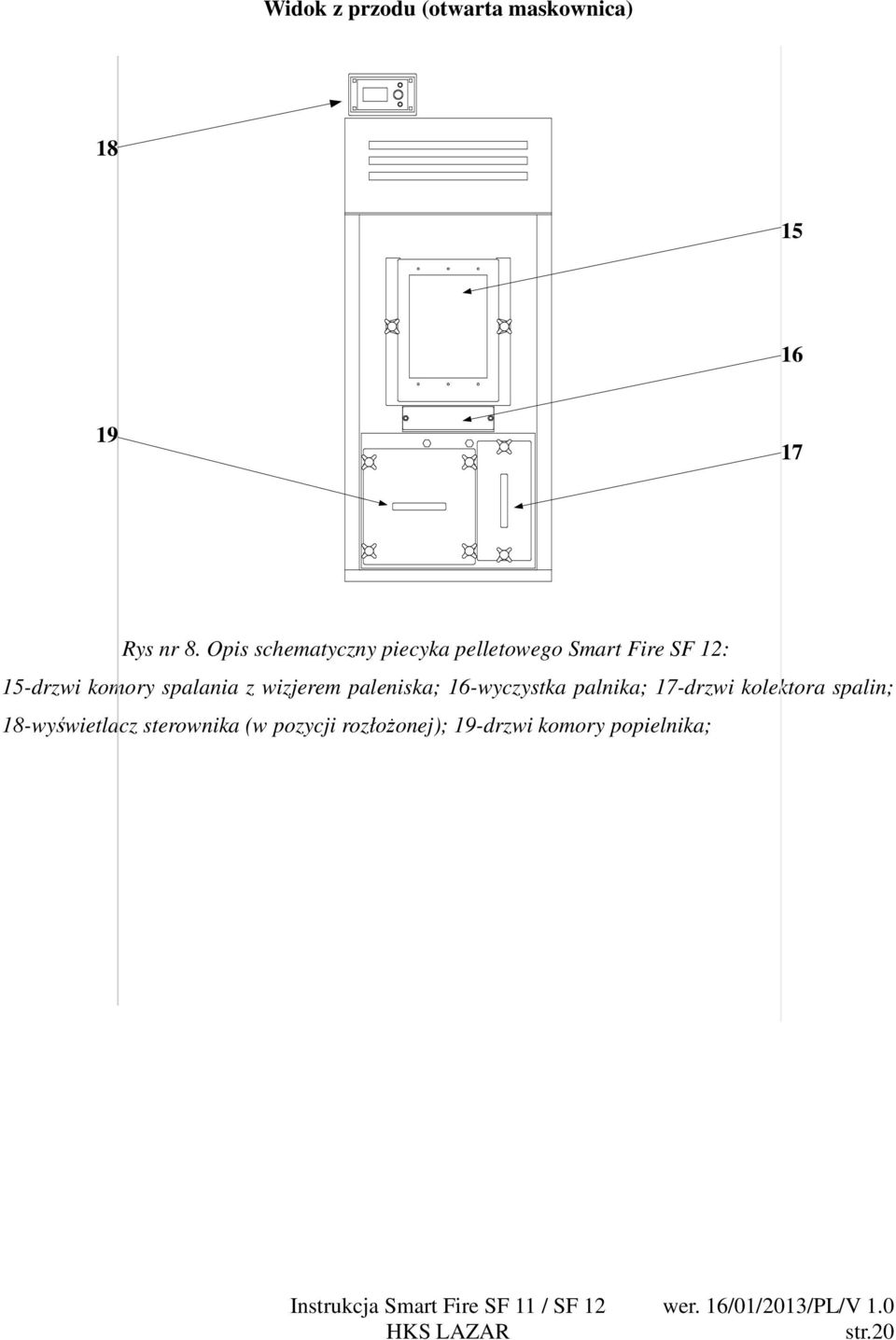 spalania z wizjerem paleniska; 16-wyczystka palnika; 17-drzwi kolektora