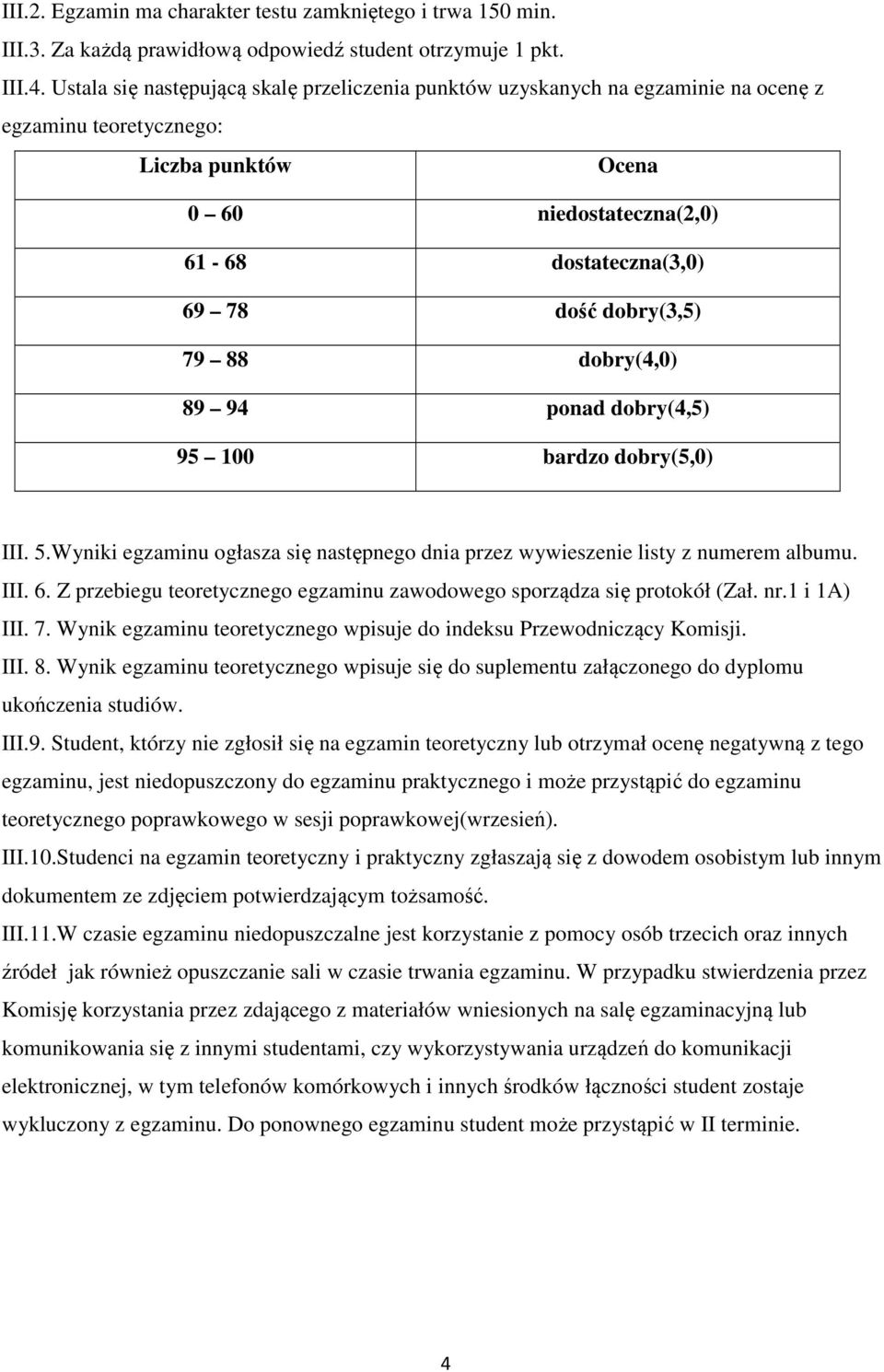 79 88 dobry(4,0) 89 94 ponad dobry(4,5) 95 100 bardzo dobry(5,0) III. 5.Wyniki egzaminu ogłasza się następnego dnia przez wywieszenie listy z numerem albumu. III. 6.