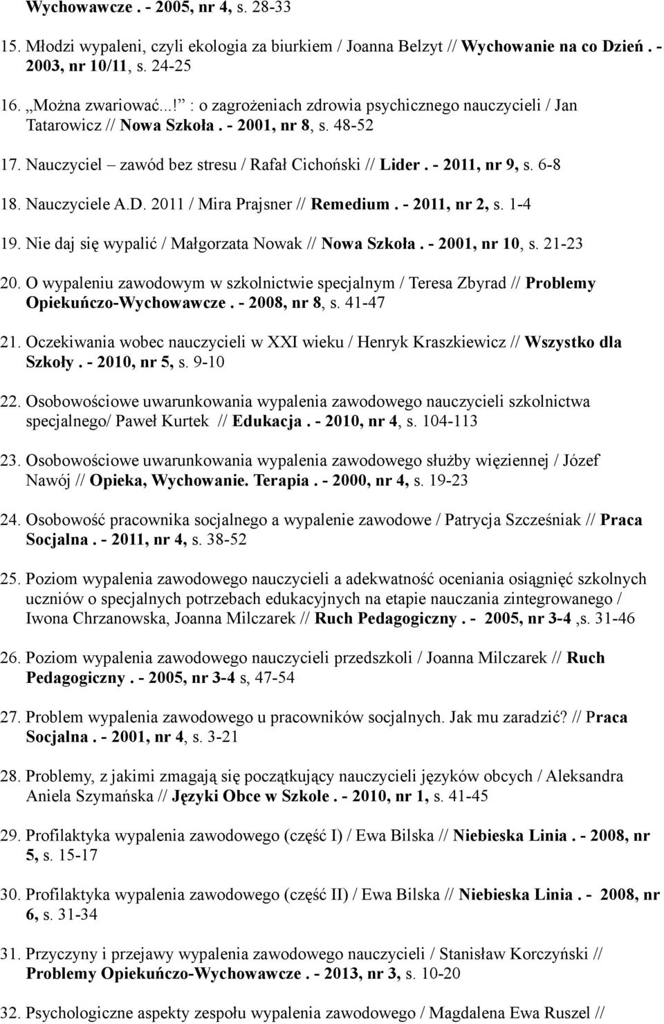 Nauczyciele A.D. 2011 / Mira Prajsner // Remedium. - 2011, nr 2, s. 1-4 19. Nie daj się wypalić / Małgorzata Nowak // Nowa Szkoła. - 2001, nr 10, s. 21-23 20.