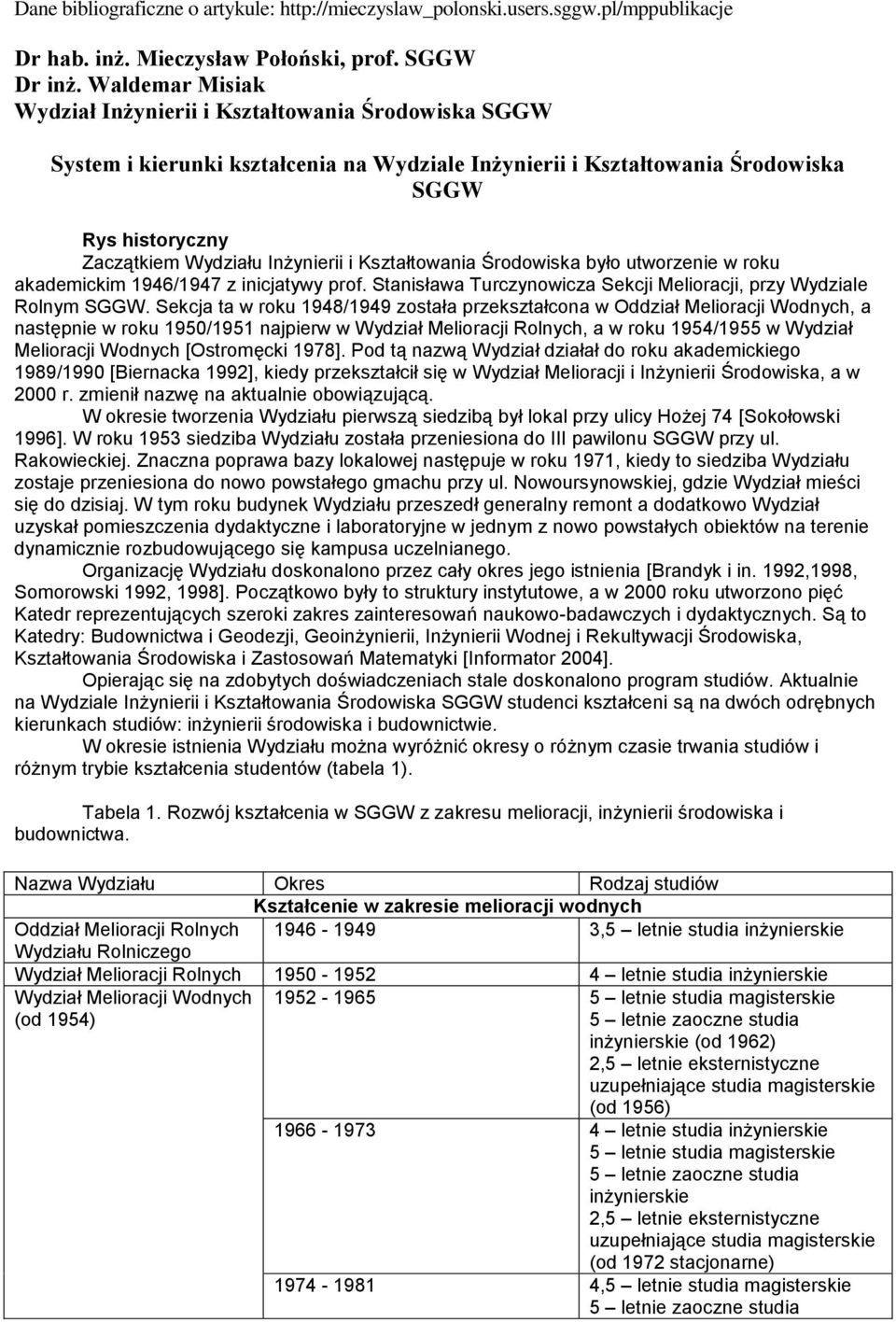 i Kształtowania Środowiska było utworzenie w roku akademickim 1946/1947 z inicjatywy prof. Stanisława Turczynowicza Sekcji Melioracji, przy Wydziale Rolnym SGGW.