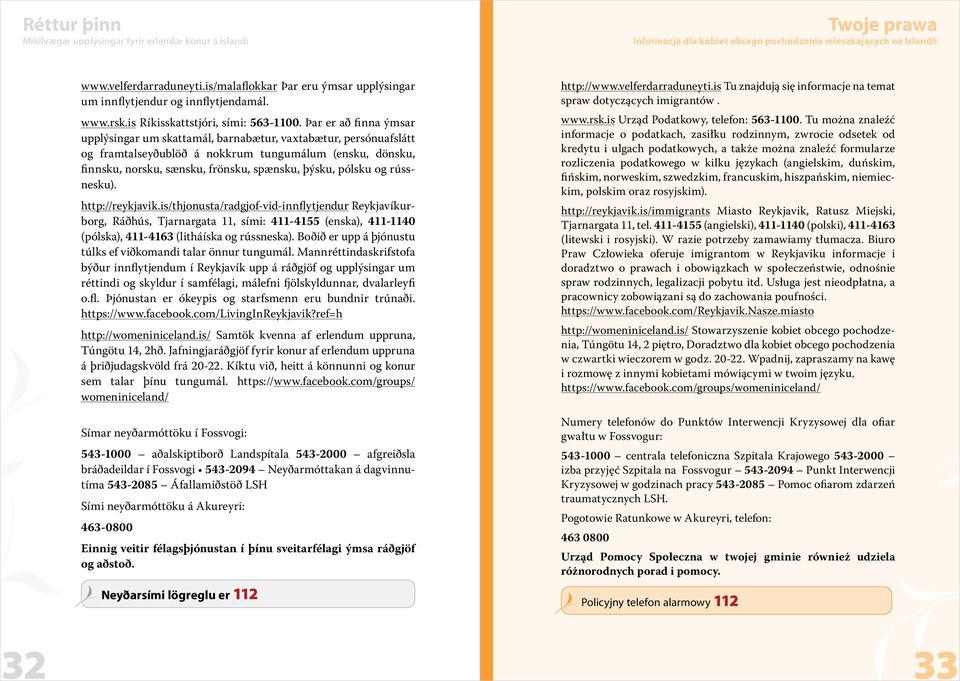 pólsku og rússnesku). http://reykjavik.is/thjonusta/radgjof-vid-innflytjendur Reykjavíkurborg, Ráðhús, Tjarnargata 11, sími: 411-4155 (enska), 411-1140 (pólska), 411-4163 (litháíska og rússneska).