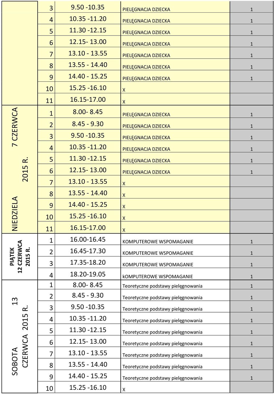 35 PIELĘGNACJA DZIECKA 1 4 10.35-11.20 PIELĘGNACJA DZIECKA 1 5 11.30-12.15 PIELĘGNACJA DZIECKA 1 6 12.15-13.00 PIELĘGNACJA DZIECKA 1 7 13.10-13.55 X 4 18.20-19.05 komputerowe WSPOMAGANIE 1 1 8.00-8.