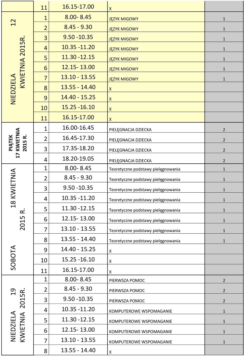 20 PIELĘGNACJA DZIECKA 2 4 18.20-19.05 PIELĘGNACJA DZIECKA 2 1 8.00-8.45 Teoretyczne podstawy pielęgnowania 1 2 8.45-9.30 Teoretyczne podstawy pielęgnowania 1 3 9.50-10.