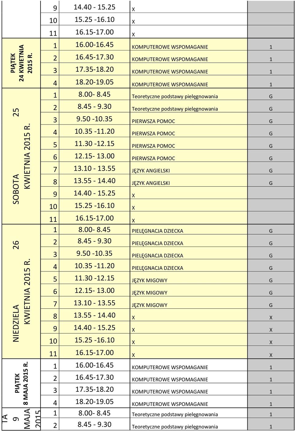 55 JĘZYK ANGIELSKI G 8 13.55-14.40 JĘZYK ANGIELSKI G 1 8.00-8.45 PIELĘGNACJA DZIECKA G 2 8.45-9.30 PIELĘGNACJA DZIECKA G 3 9.50-10.35 PIELĘGNACJA DZIECKA G 4 10.35-11.