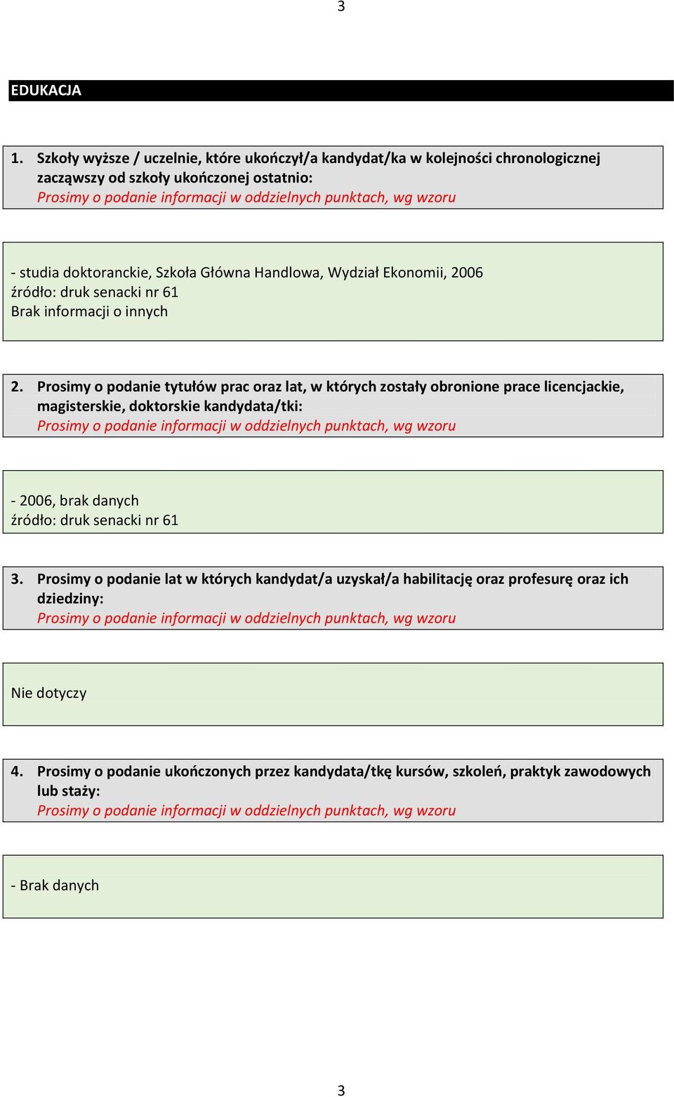 Handlowa, Wydział Ekonomii, 2006 źródło: druk senacki nr 61 Brak informacji o innych 2.