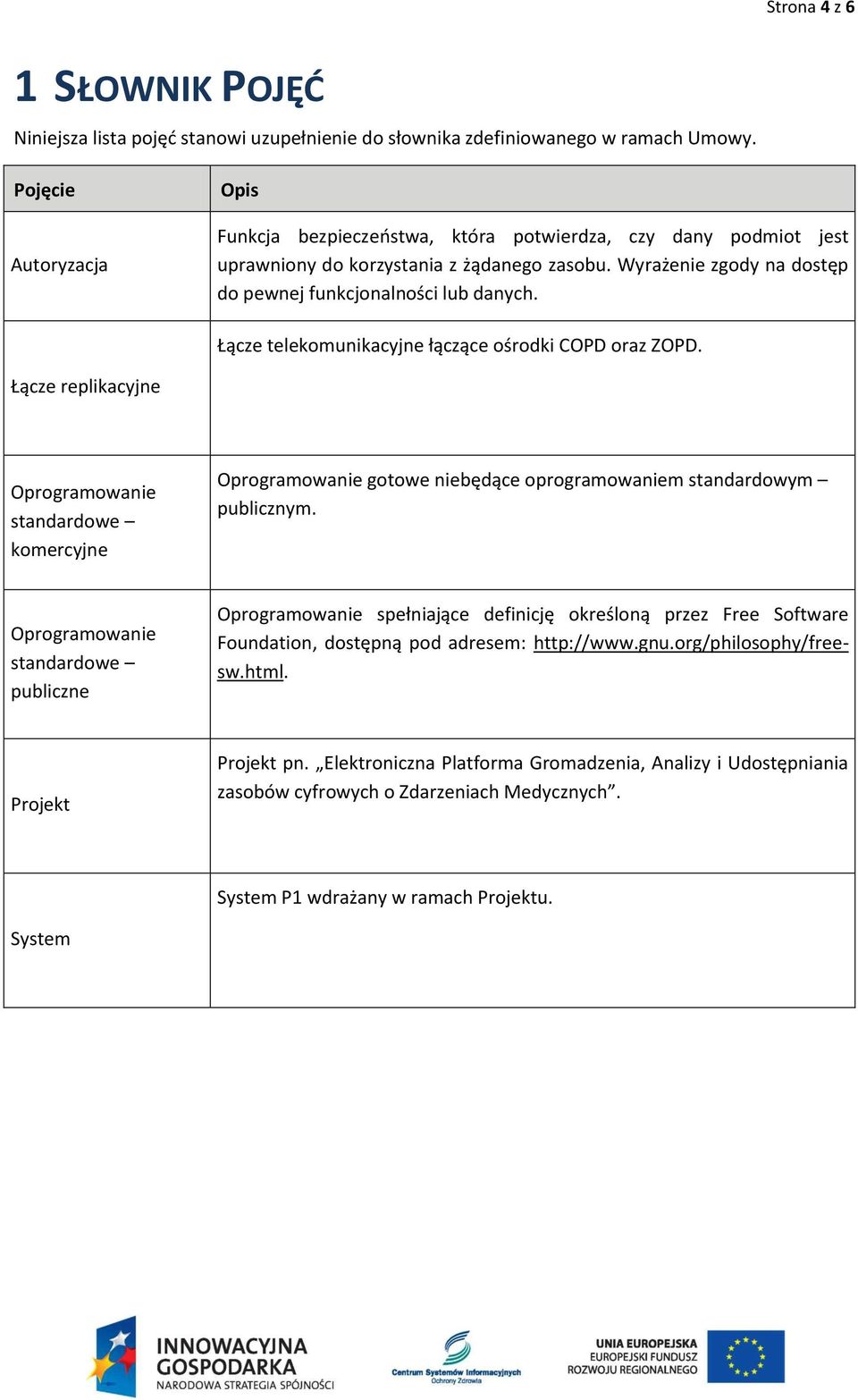 Łącze telekomunikacyjne łączące ośrodki COPD oraz ZOPD. Łącze replikacyjne Oprogramowanie standardowe komercyjne Oprogramowanie gotowe niebędące oprogramowaniem standardowym publicznym.