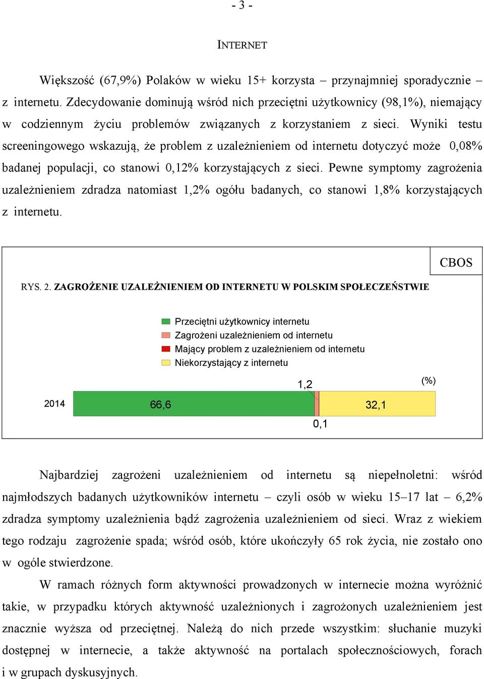 Wyniki testu screeningowego wskazują, że problem z uzależnieniem od internetu dotyczyć może 0,08% badanej populacji, co stanowi 0,12% korzystających z sieci.