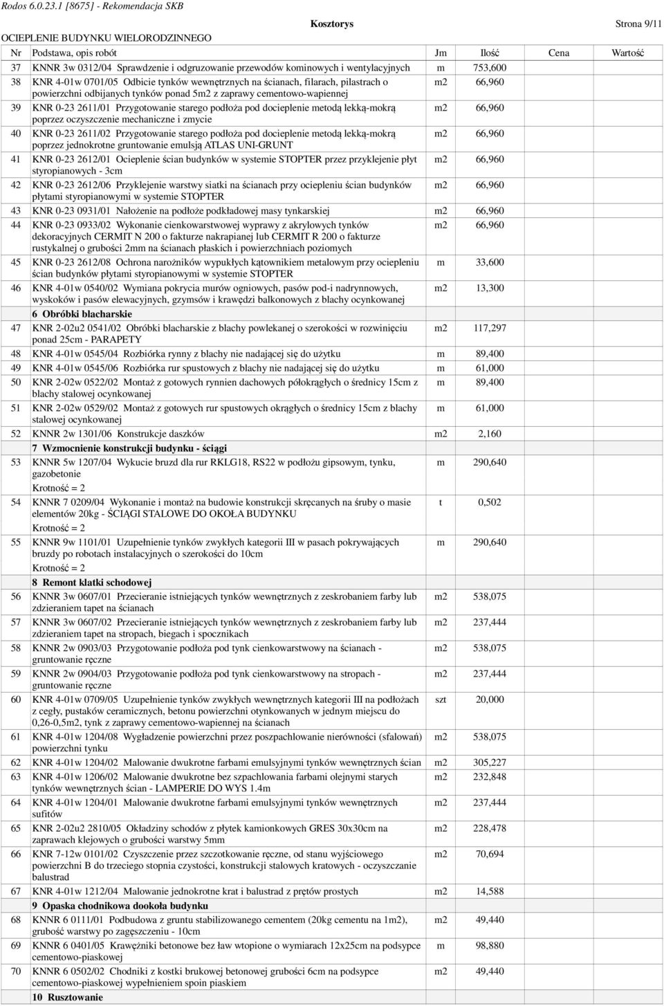 metodą lekką-mokrą m2 66,960 poprzez oczyszczenie mechaniczne i zmycie 40 KNR 0-23 2611/02 Przygotowanie starego podłoża pod docieplenie metodą lekką-mokrą m2 66,960 poprzez jednokrotne gruntowanie