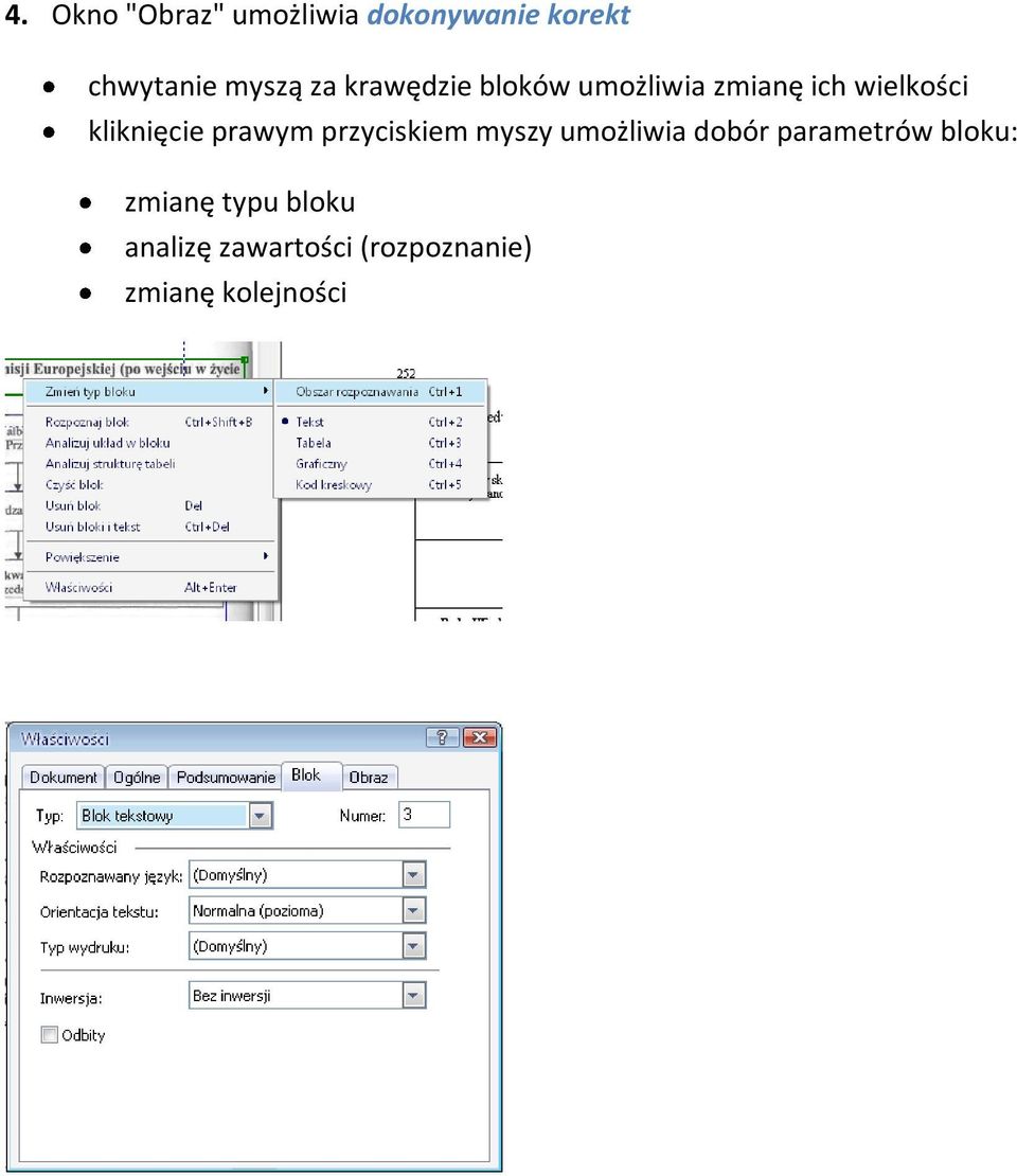 prawym przyciskiem myszy umożliwia dobór parametrów bloku: